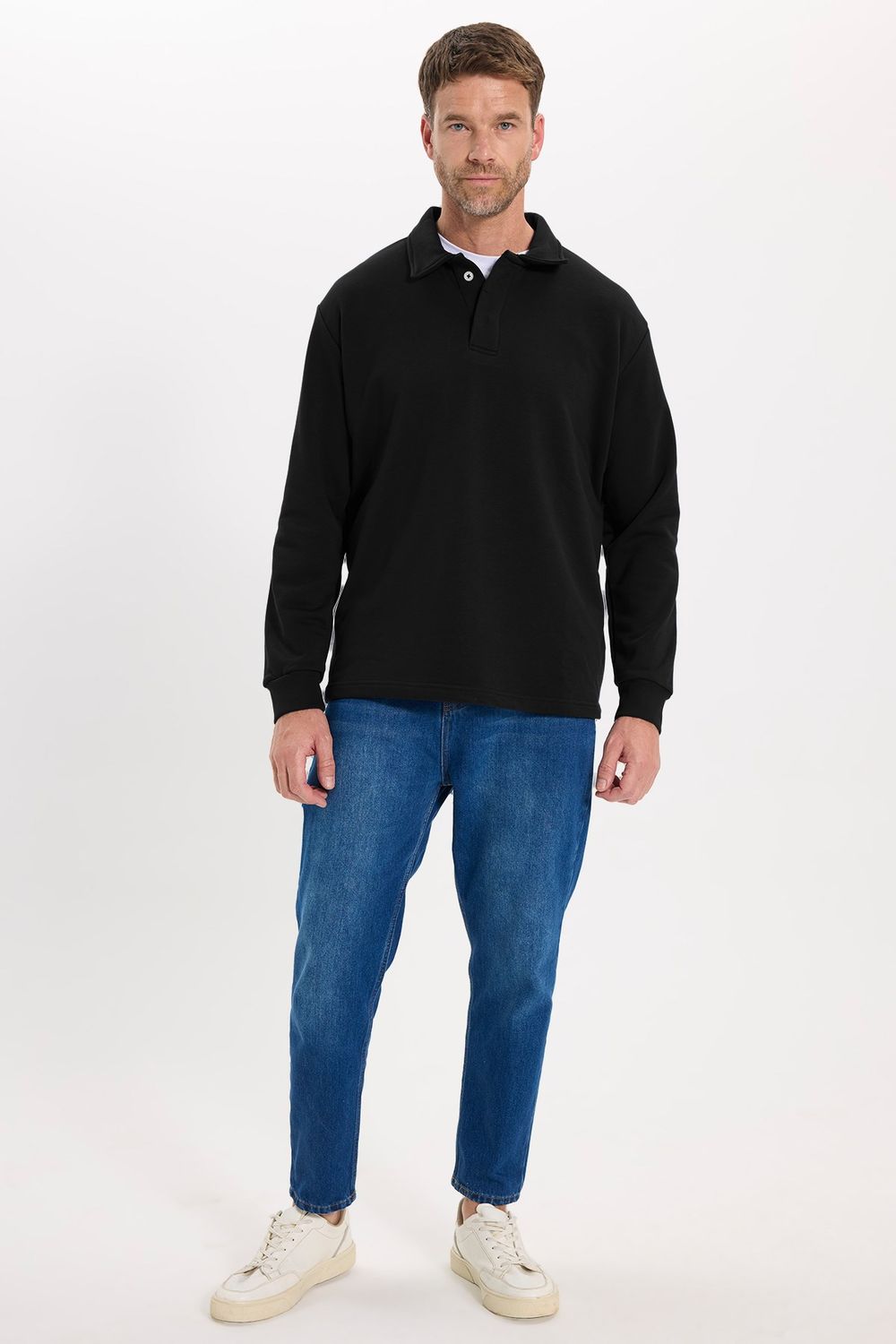 RELAX FIT PLAIN BUTTONED POLO  COLLAR HIDDEN PLACKET MAHREZ SWEATSHIRT