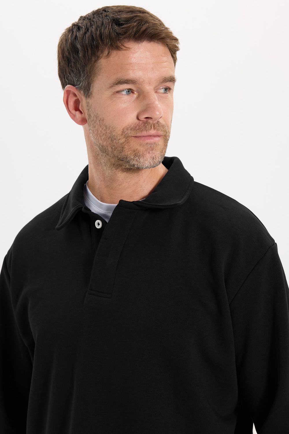 RELAX FIT PLAIN BUTTONED POLO  COLLAR HIDDEN PLACKET MAHREZ SWEATSHIRT