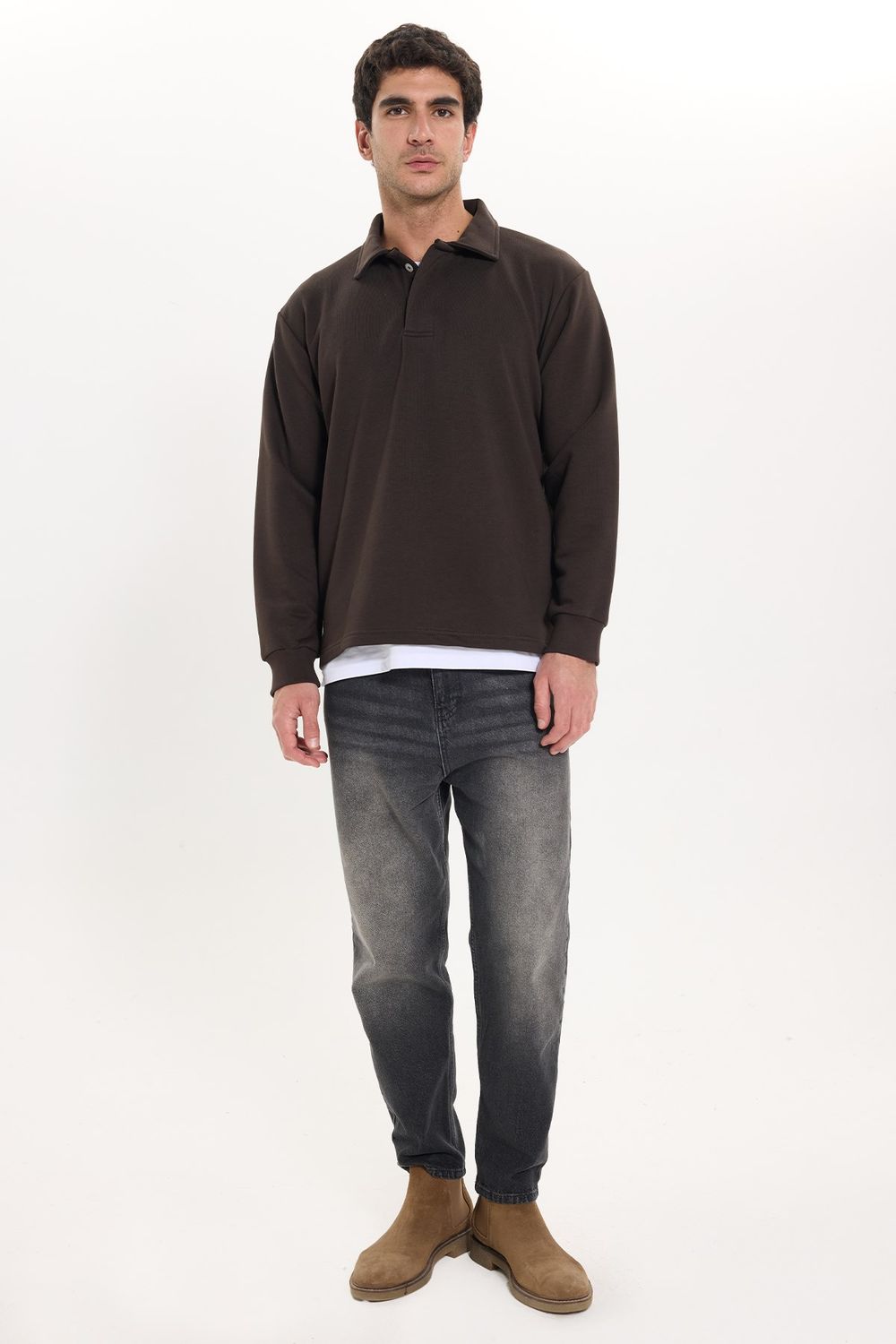 RELAX FIT PLAIN BUTTONED POLO  COLLAR HIDDEN PLACKET MAHREZ SWEATSHIRT