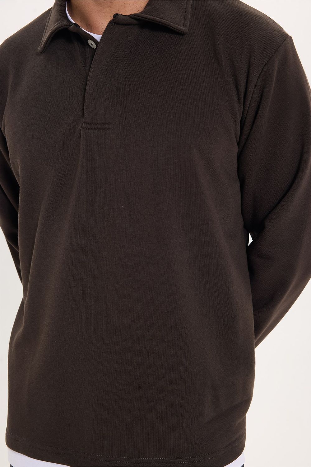 RELAX FIT PLAIN BUTTONED POLO  COLLAR HIDDEN PLACKET MAHREZ SWEATSHIRT