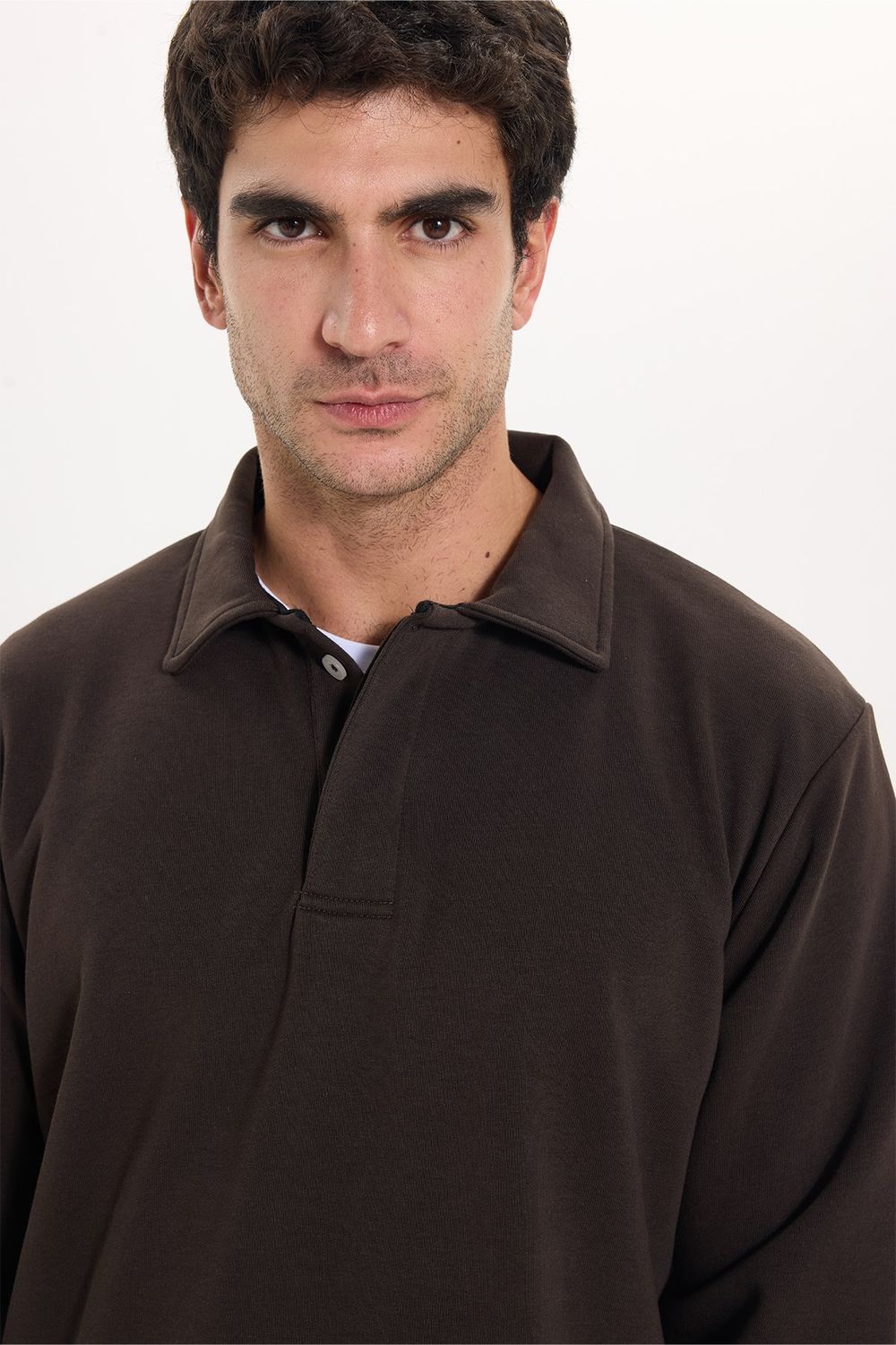 RELAX FIT PLAIN BUTTONED POLO  COLLAR HIDDEN PLACKET MAHREZ SWEATSHIRT