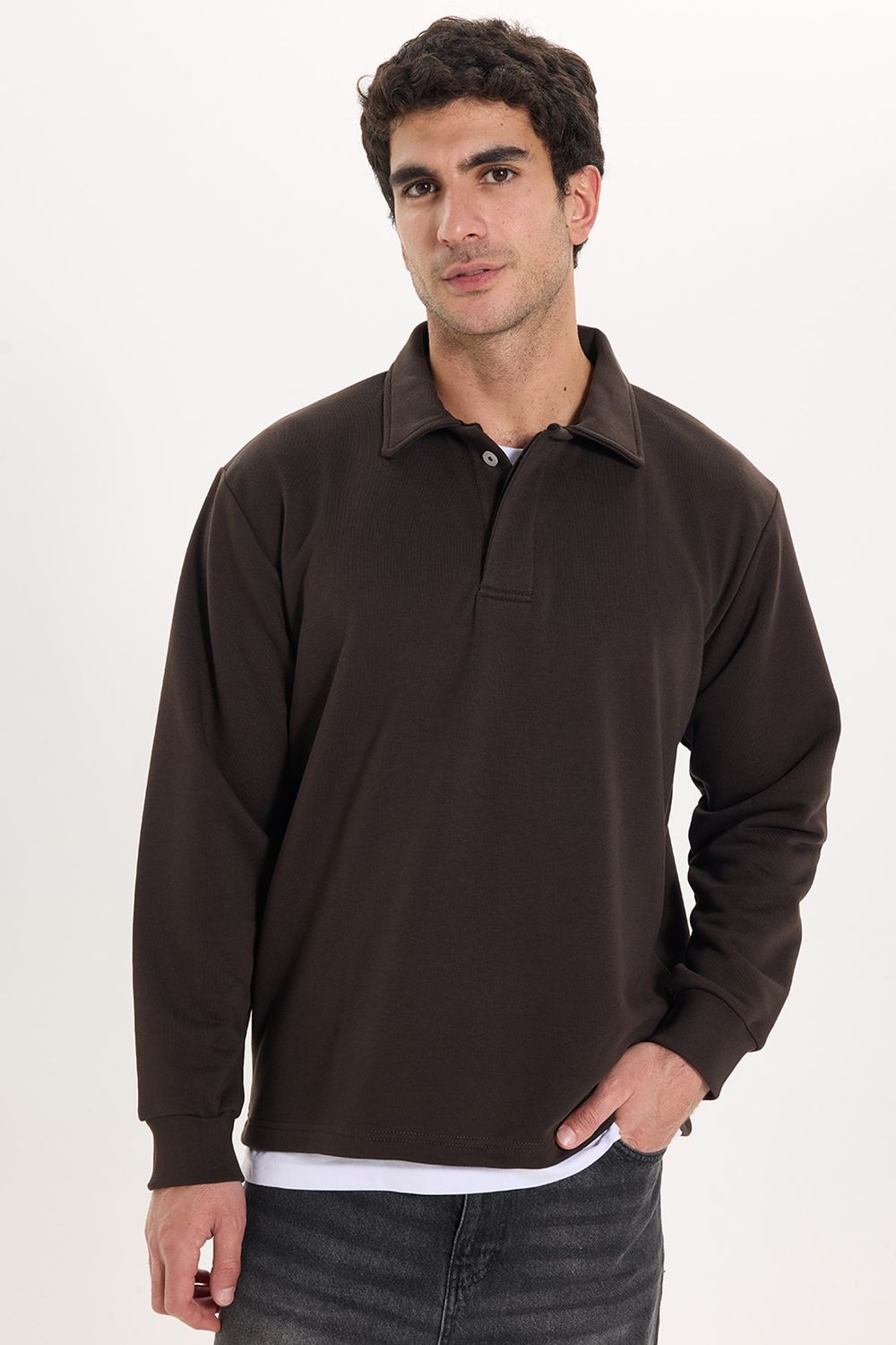 RELAX FIT PLAIN BUTTONED POLO  COLLAR HIDDEN PLACKET MAHREZ SWEATSHIRT