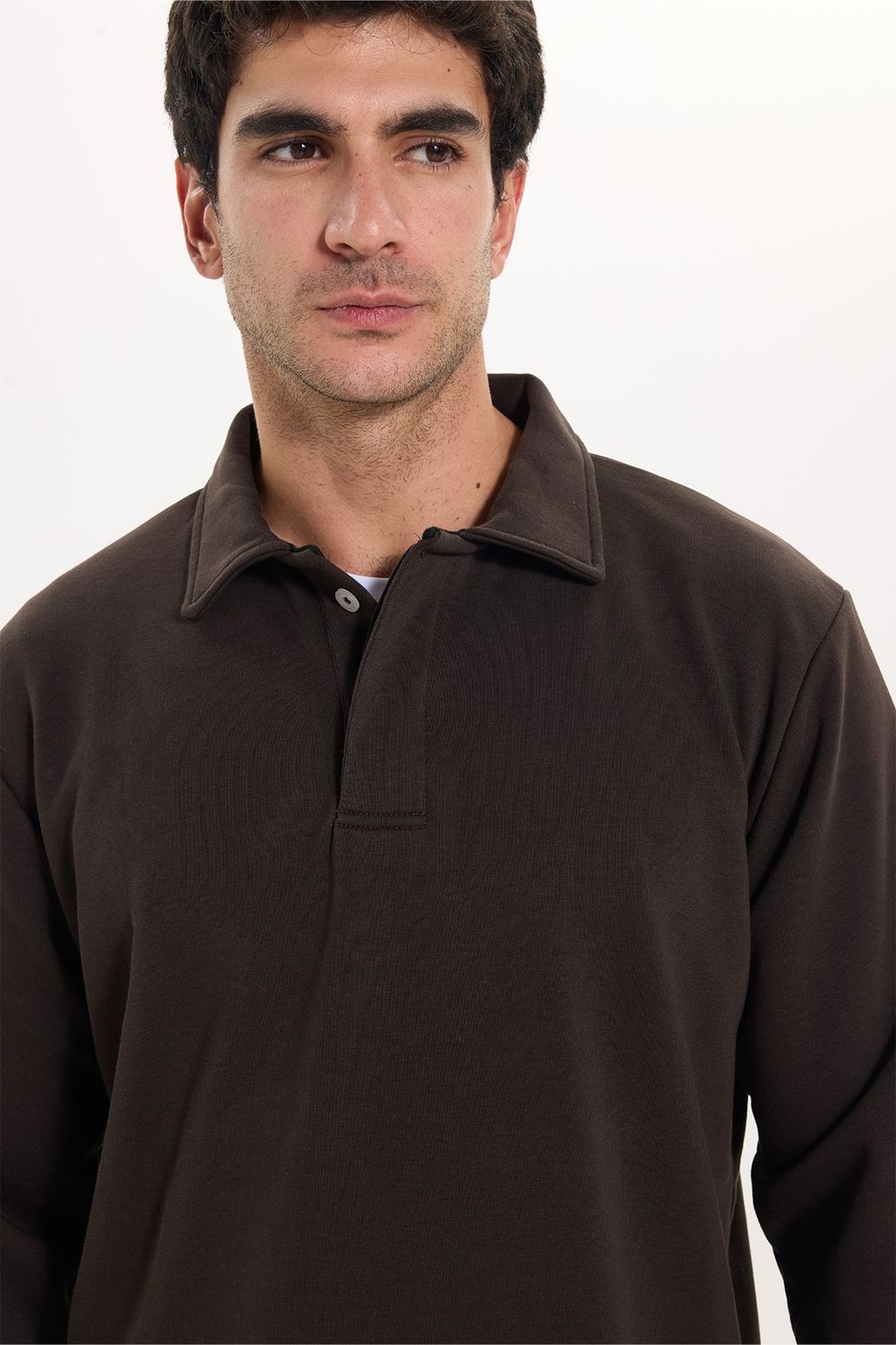 RELAX FIT PLAIN BUTTONED POLO  COLLAR HIDDEN PLACKET MAHREZ SWEATSHIRT