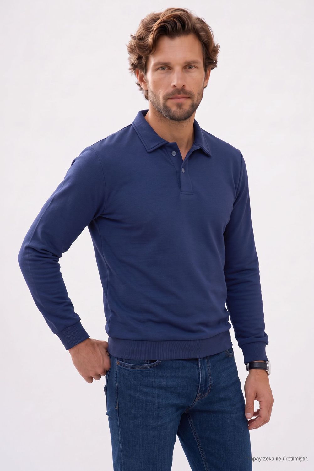 RELAX FIT PLAIN BUTTONED POLO  COLLAR HIDDEN PLACKET MAHREZ SWEATSHIRT
