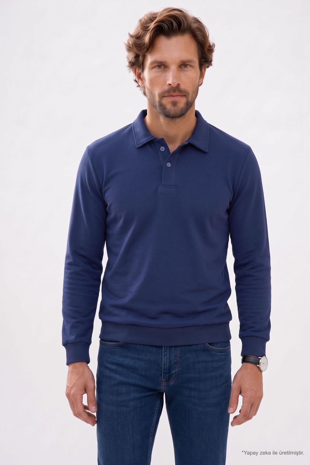 RELAX FIT PLAIN BUTTONED POLO  COLLAR HIDDEN PLACKET MAHREZ SWEATSHIRT