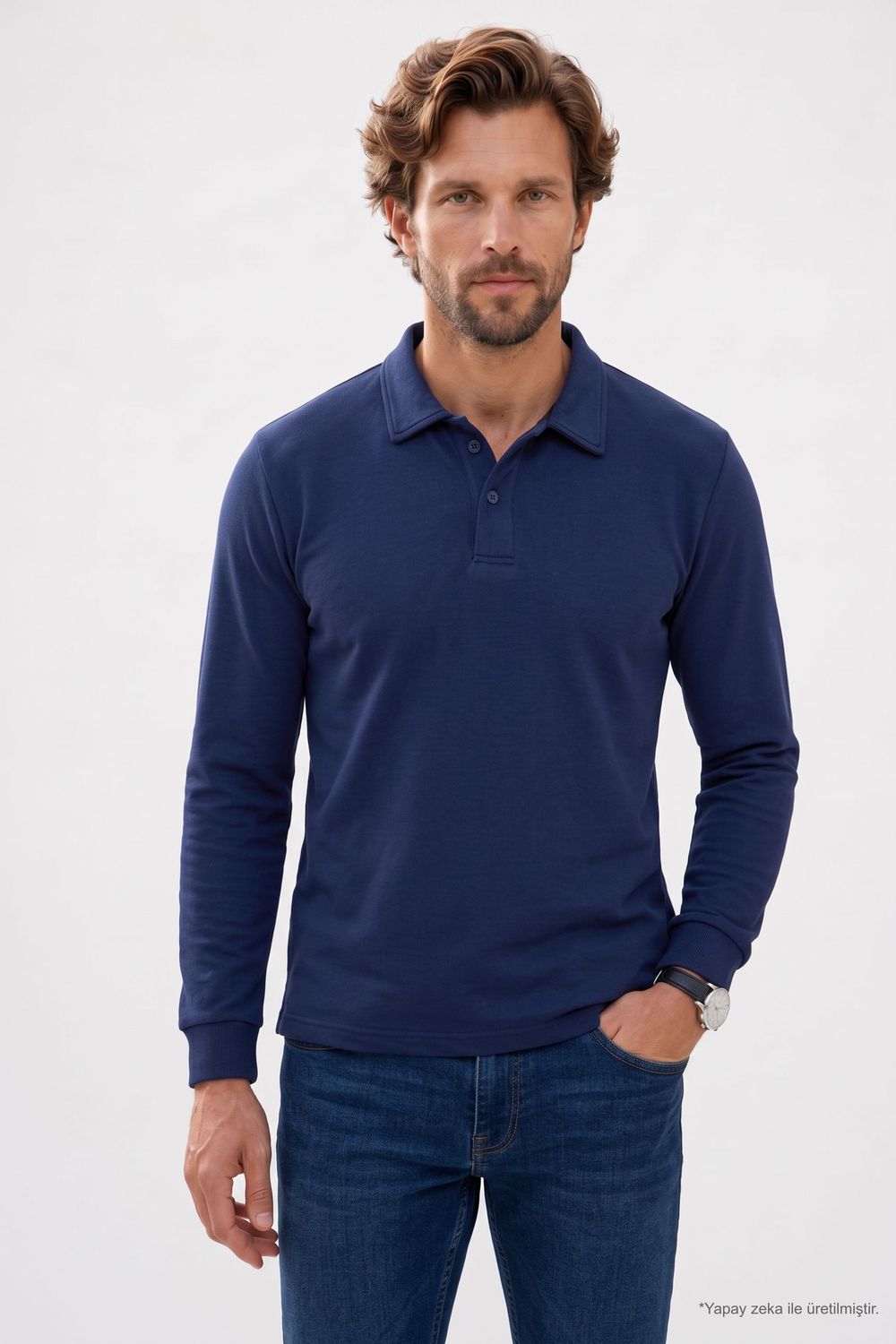 RELAX FIT PLAIN BUTTONED POLO  COLLAR HIDDEN PLACKET MAHREZ SWEATSHIRT