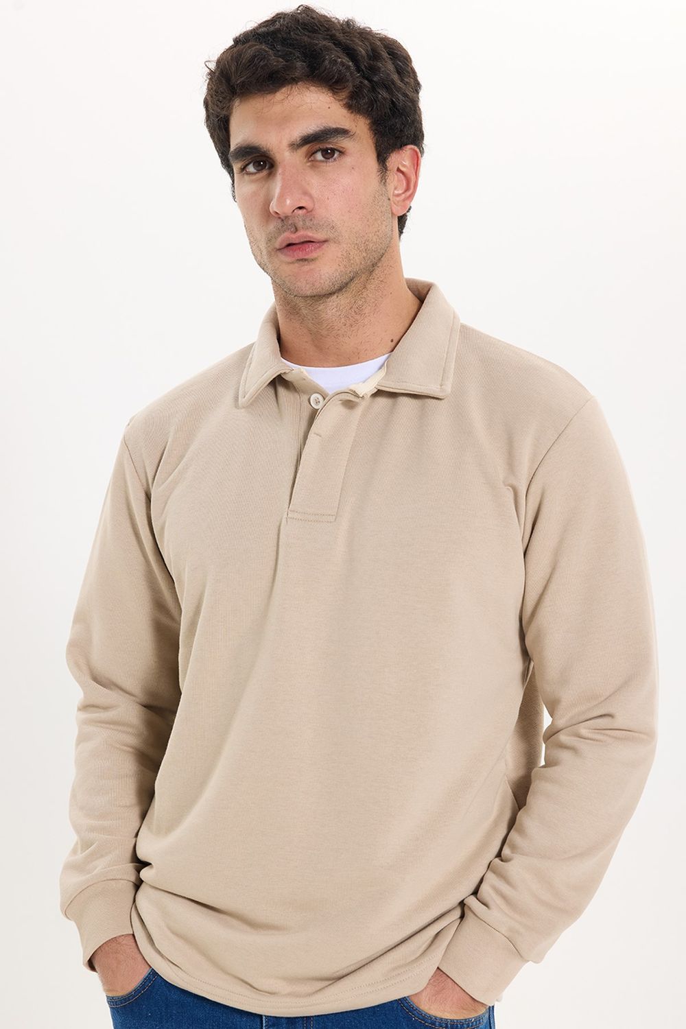RELAX FIT PLAIN BUTTONED POLO  COLLAR HIDDEN PLACKET MAHREZ SWEATSHIRT