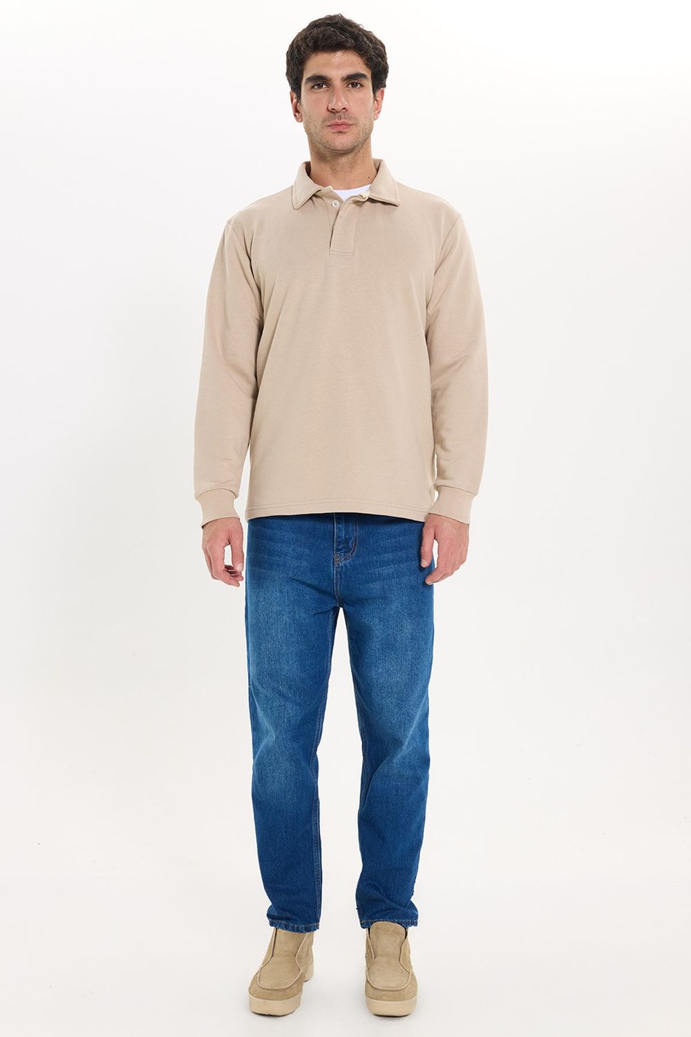 RELAX FIT PLAIN BUTTONED POLO  COLLAR HIDDEN PLACKET MAHREZ SWEATSHIRT
