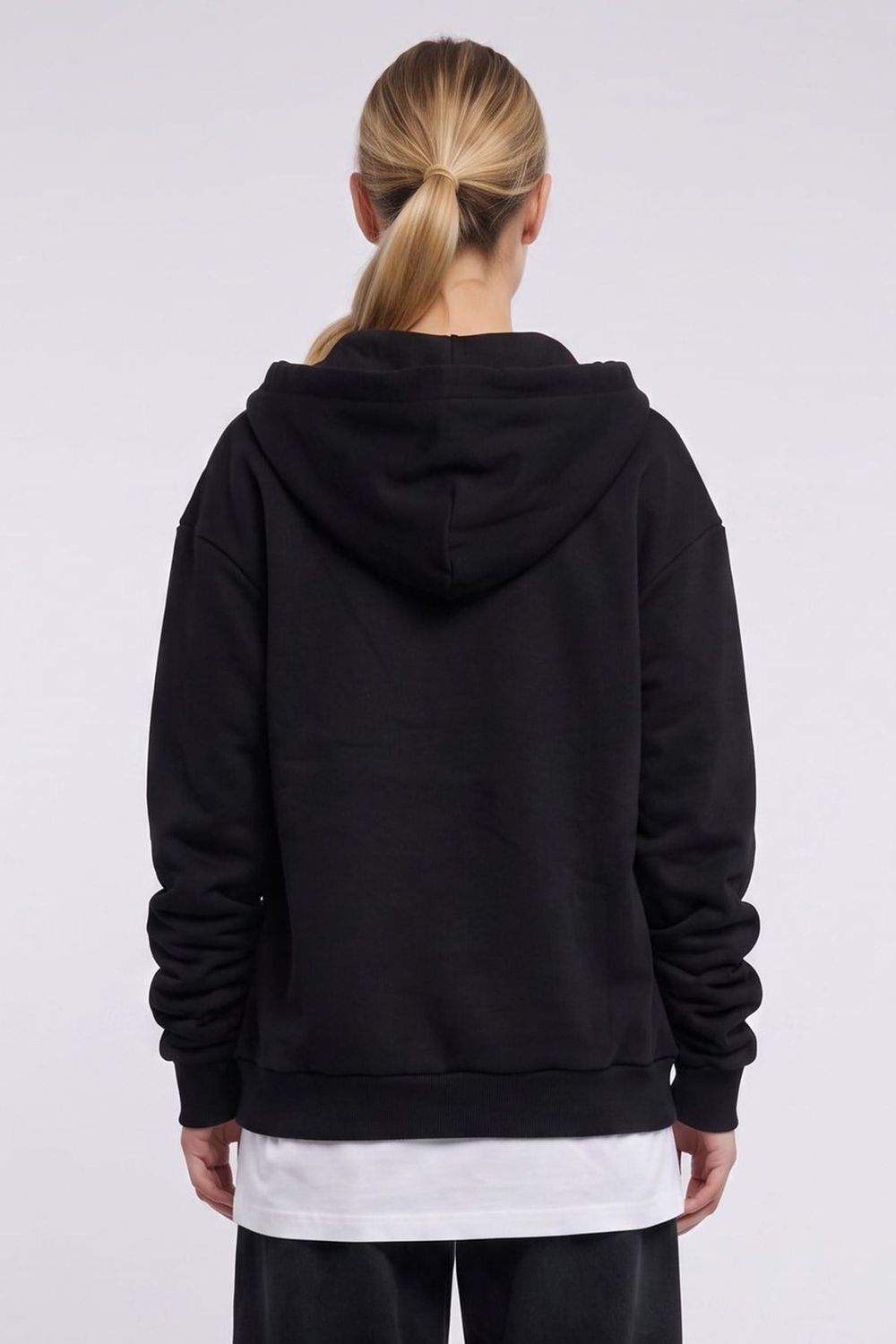 Kadın Oversize Geniş Kesim %100 Pamuk Kapüşonlu Fermuarlı Cepli Siyah Sweatshirt