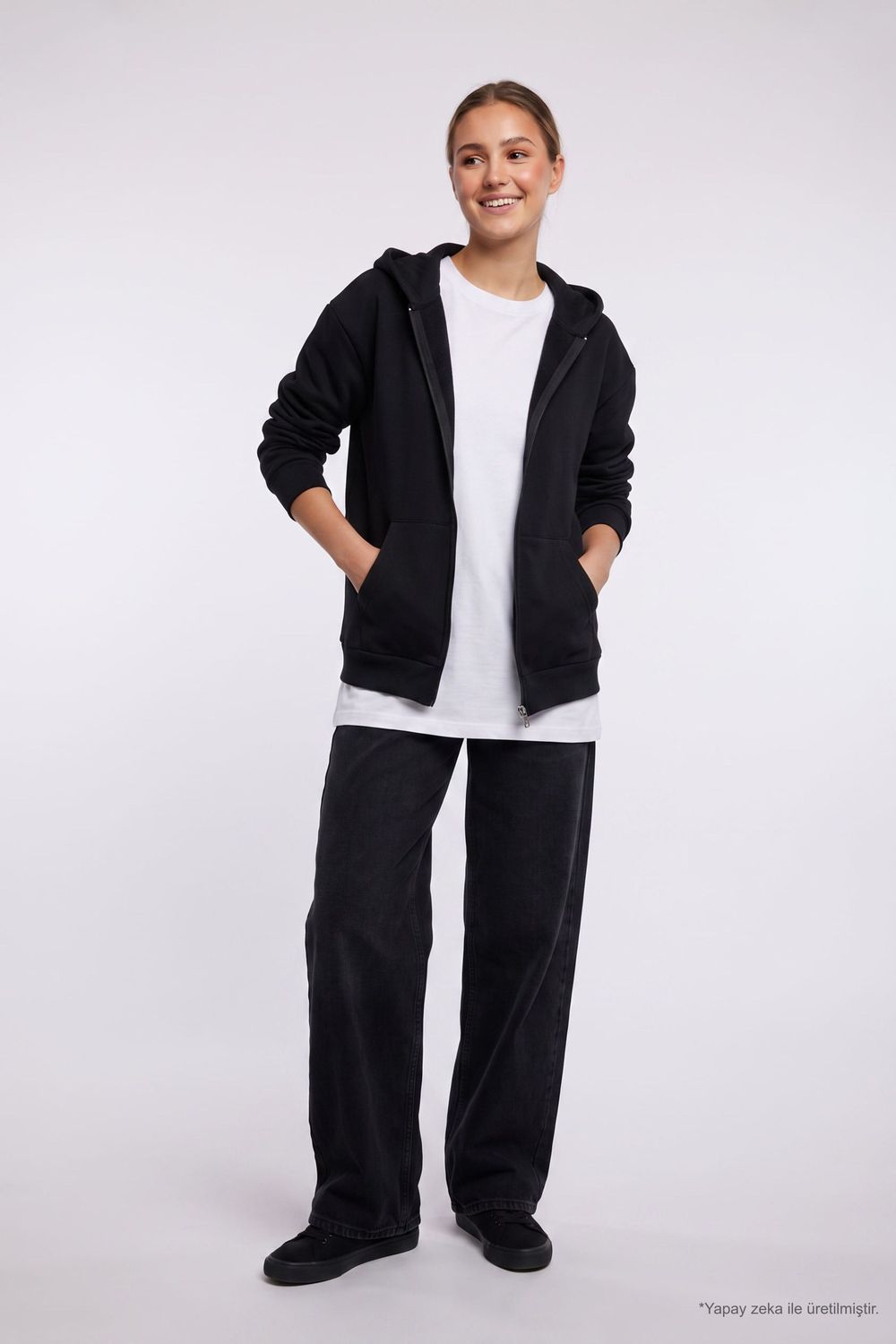 Kadın Oversize Geniş Kesim %100 Pamuk Kapüşonlu Fermuarlı Cepli Siyah Sweatshirt
