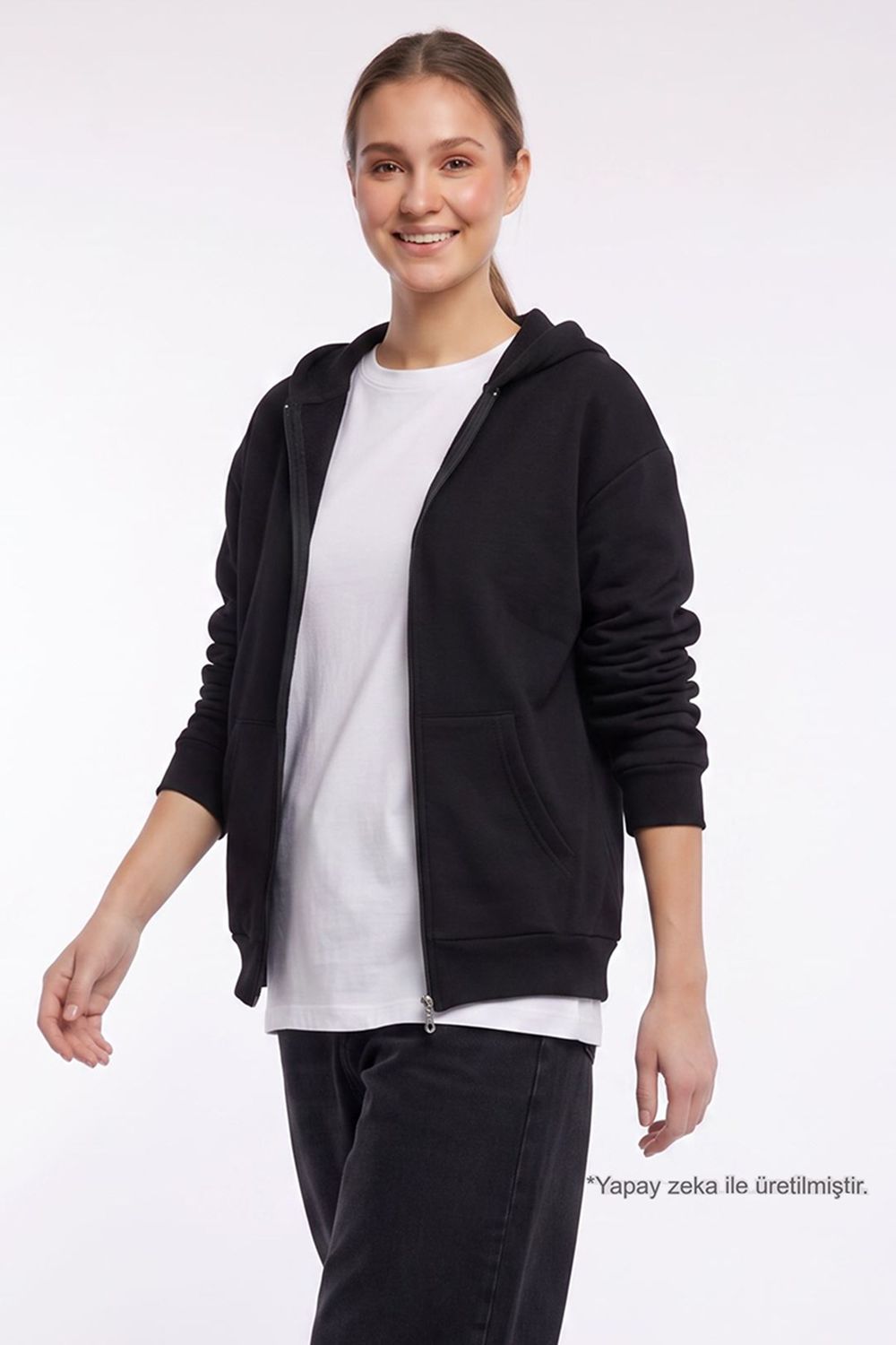 Kadın Oversize Geniş Kesim %100 Pamuk Kapüşonlu Fermuarlı Cepli Siyah Sweatshirt