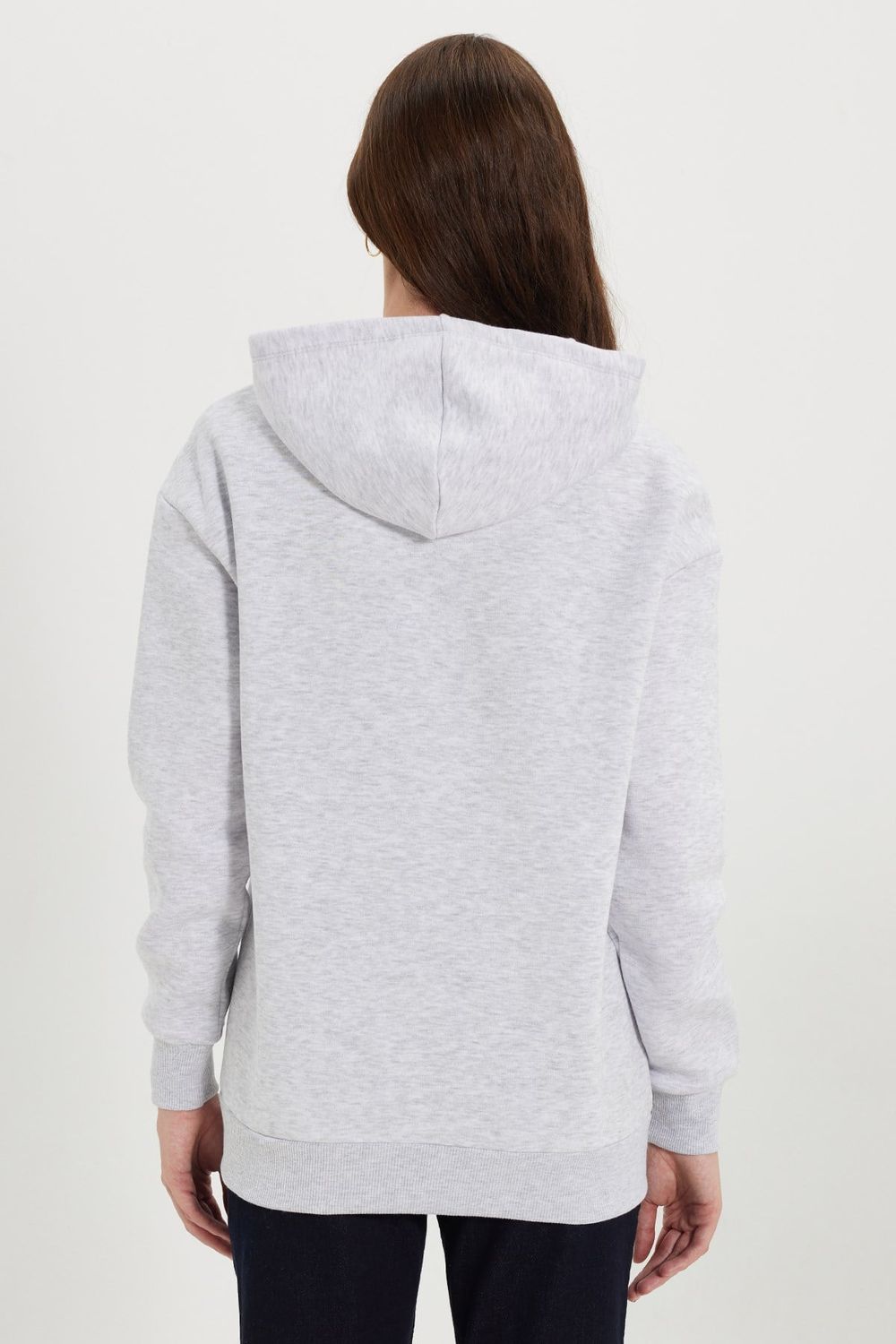 Kadın Oversize Geniş Kesim %100 Pamuk Kapüşonlu Fermuarlı Cepli Gri Sweatshirt