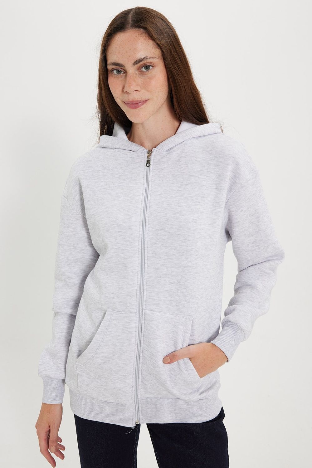Kadın Oversize Geniş Kesim %100 Pamuk Kapüşonlu Fermuarlı Cepli Gri Sweatshirt