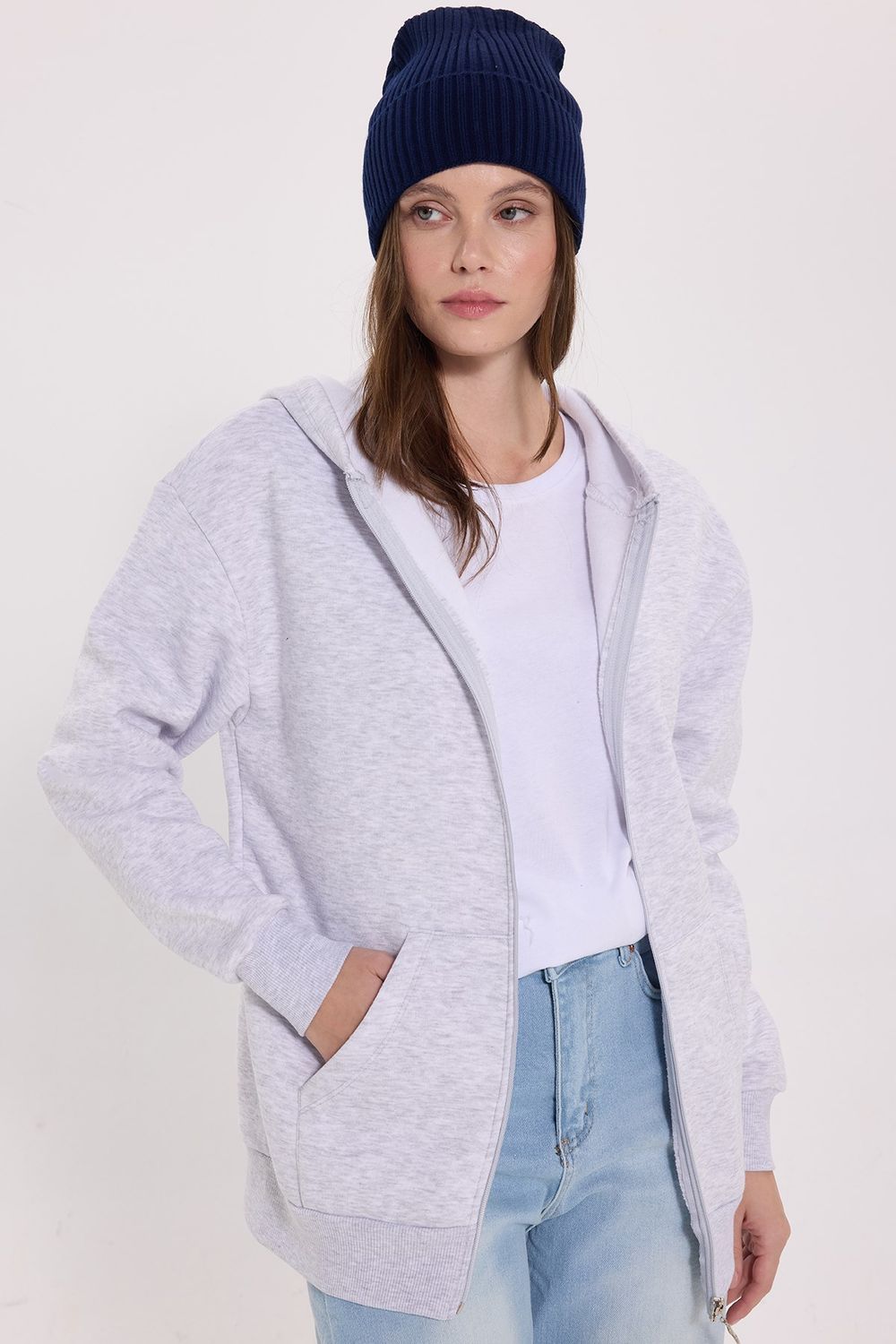 Kadın Oversize Geniş Kesim %100 Pamuk Kapüşonlu Fermuarlı Cepli Gri Sweatshirt