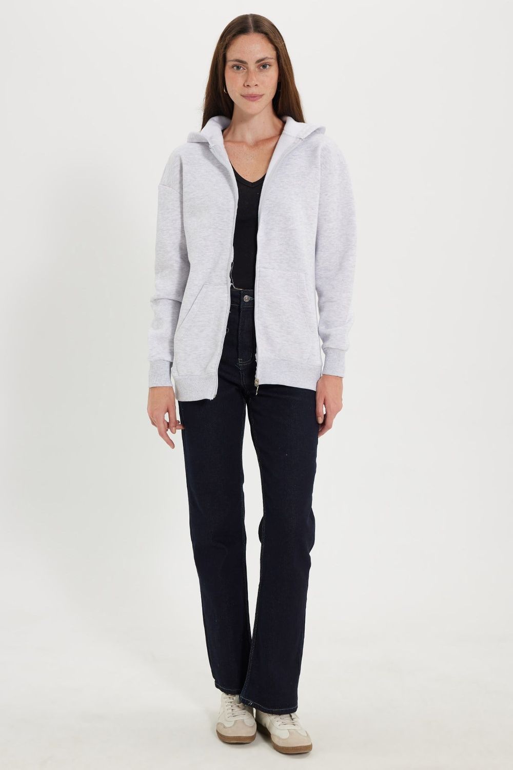 Kadın Oversize Geniş Kesim %100 Pamuk Kapüşonlu Fermuarlı Cepli Gri Sweatshirt