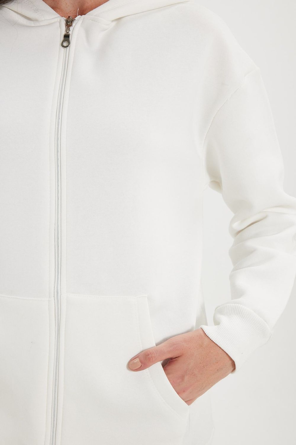 Kadın Oversize Geniş Kesim %100 Pamuk Kapüşonlu Fermuarlı Cepli Ekru Sweatshirt