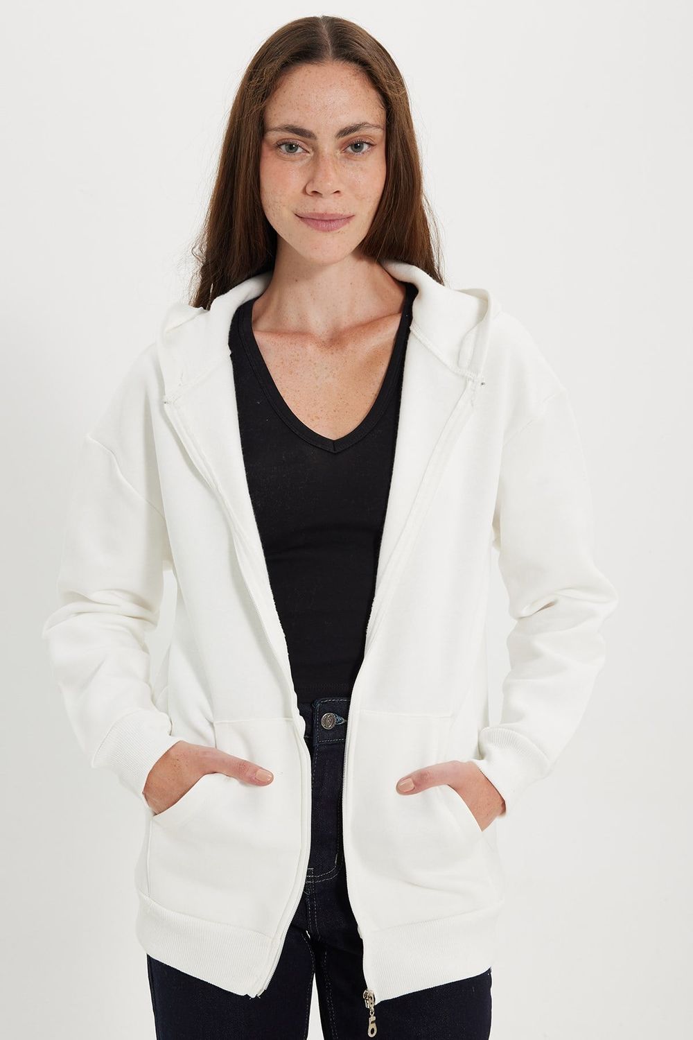 Kadın Oversize Geniş Kesim %100 Pamuk Kapüşonlu Fermuarlı Cepli Ekru Sweatshirt