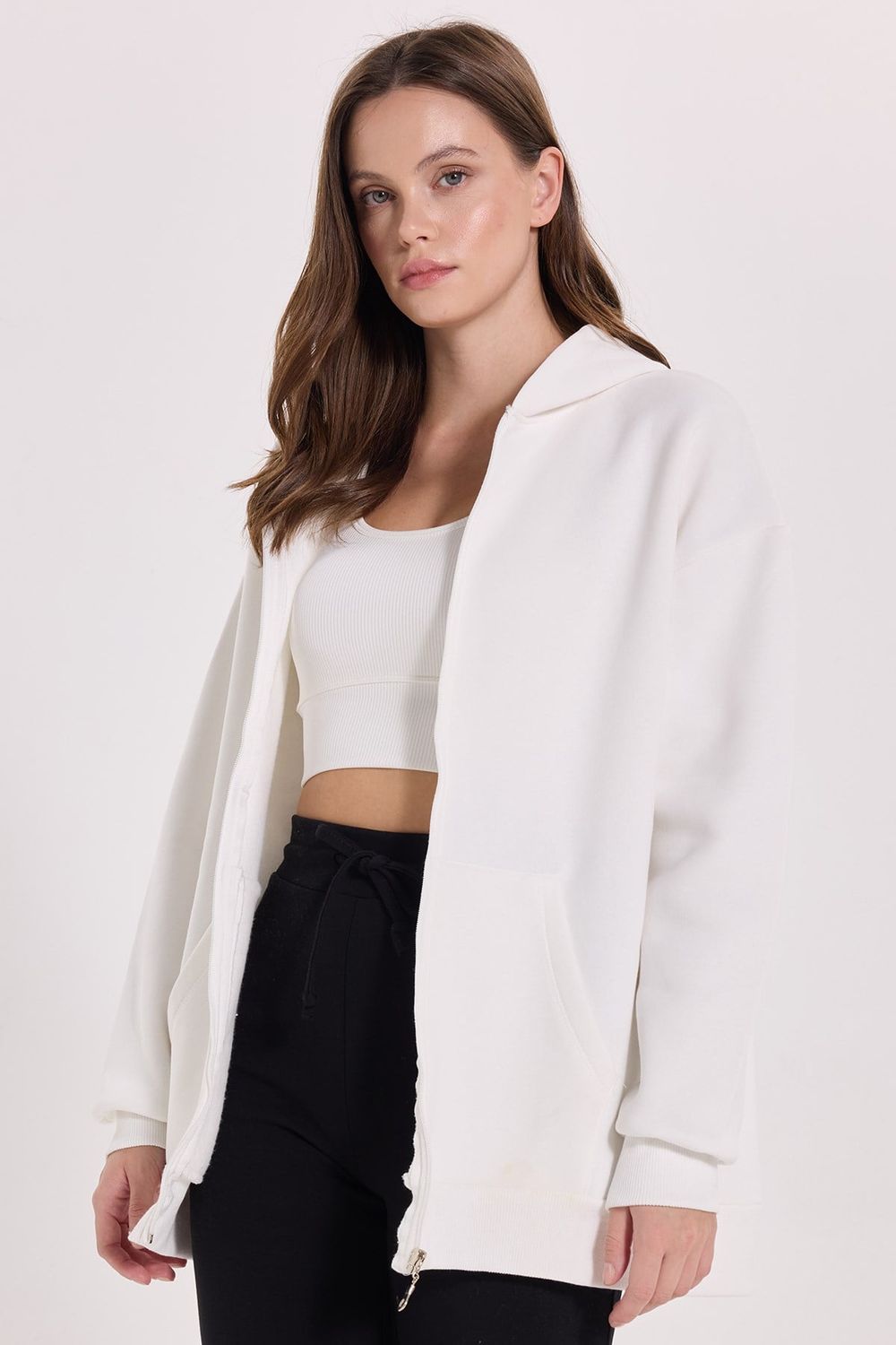 Kadın Oversize Geniş Kesim %100 Pamuk Kapüşonlu Fermuarlı Cepli Ekru Sweatshirt