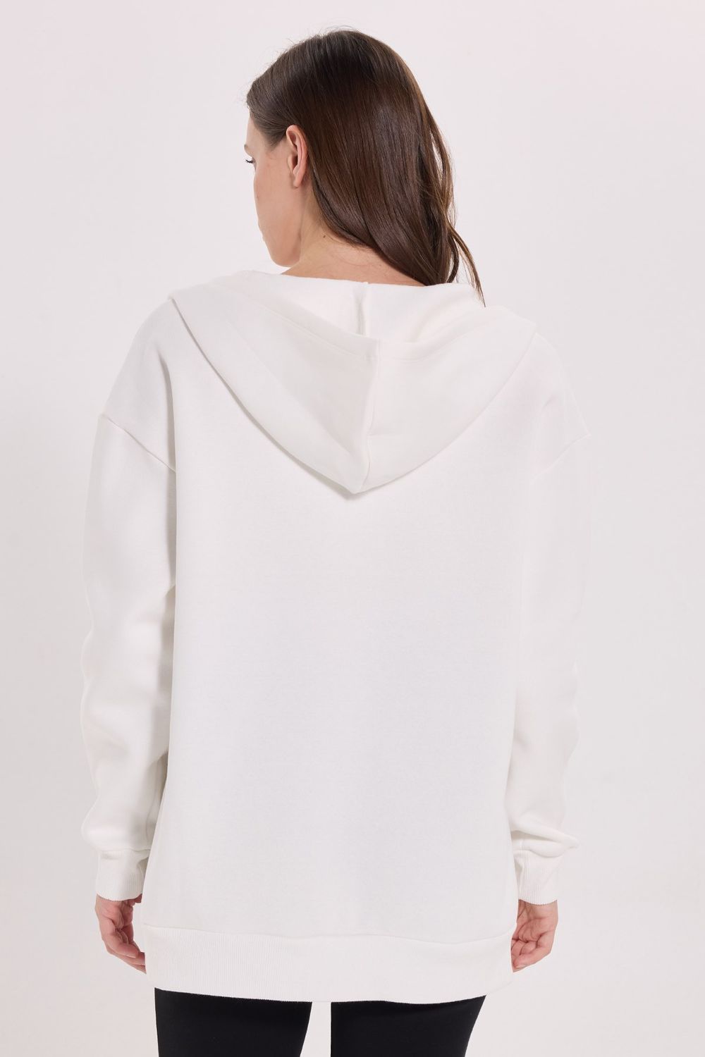 Kadın Oversize Geniş Kesim %100 Pamuk Kapüşonlu Fermuarlı Cepli Ekru Sweatshirt