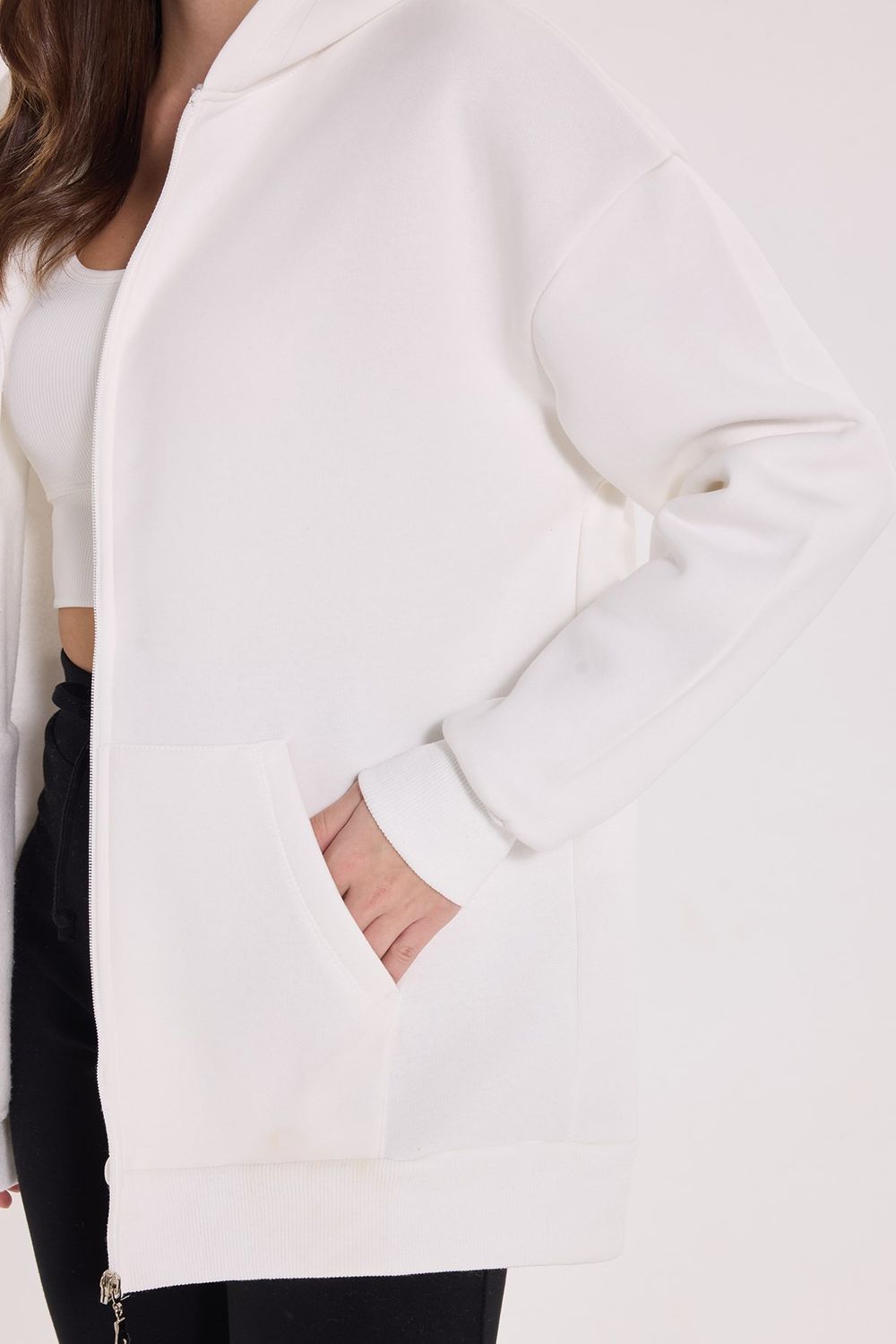 Kadın Oversize Geniş Kesim %100 Pamuk Kapüşonlu Fermuarlı Cepli Ekru Sweatshirt