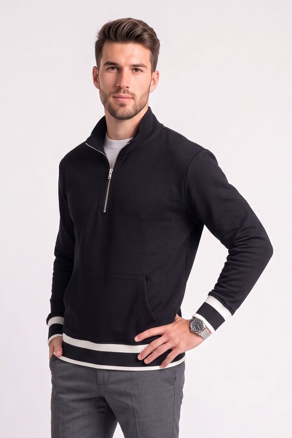 RELAX FIT STAND COLLAR HALF ZIPPER  KANGAROO POCKET ALMADA SWEATSHIRT