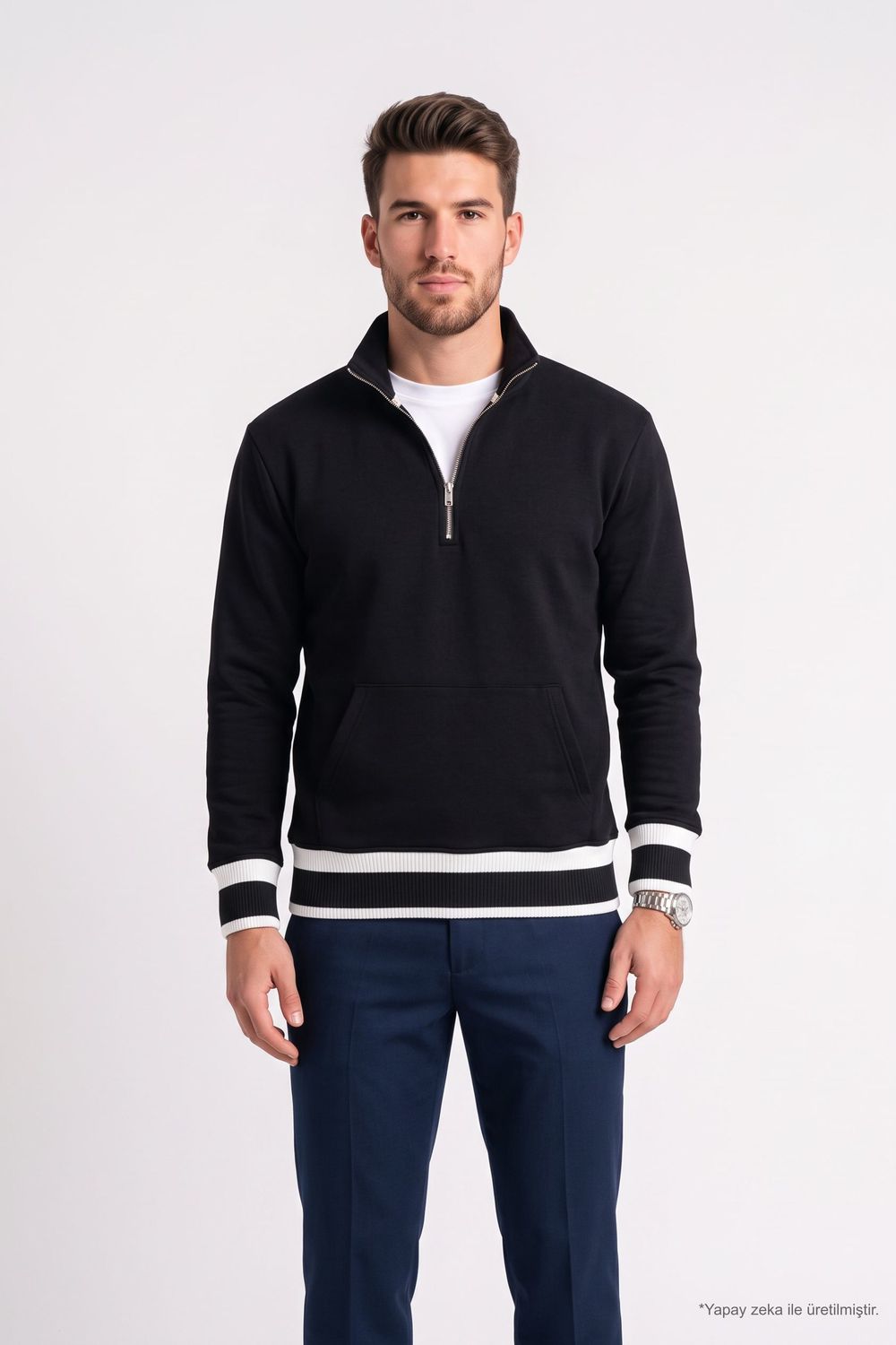 RELAX FIT STAND COLLAR HALF ZIPPER  KANGAROO POCKET ALMADA SWEATSHIRT