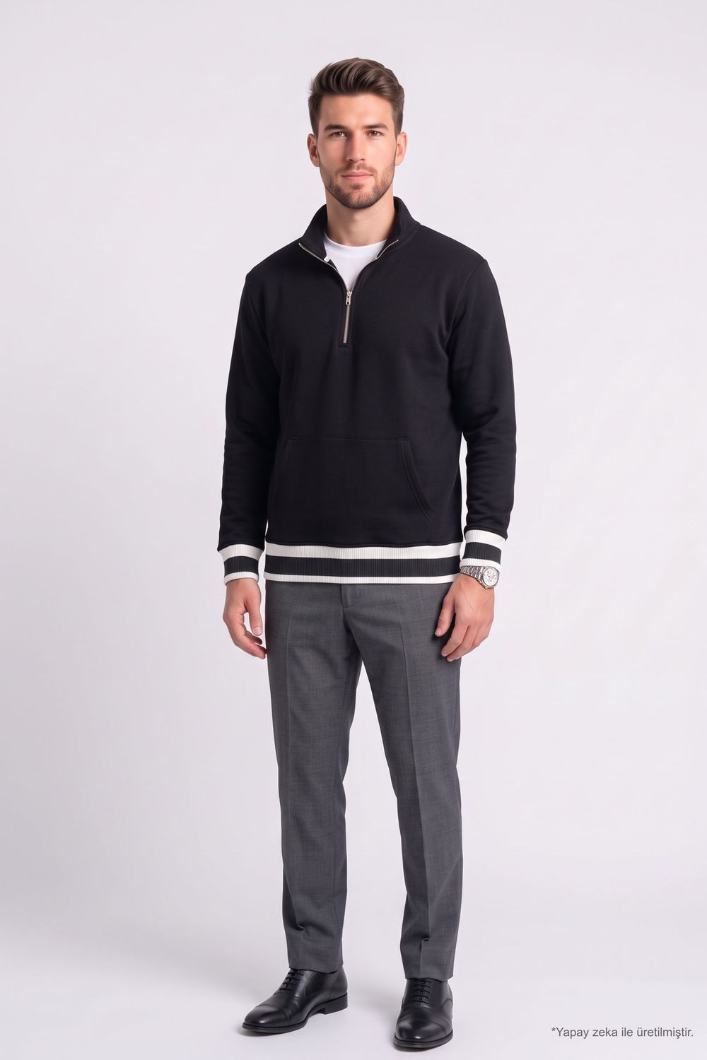 RELAX FIT STAND COLLAR HALF ZIPPER  KANGAROO POCKET ALMADA SWEATSHIRT