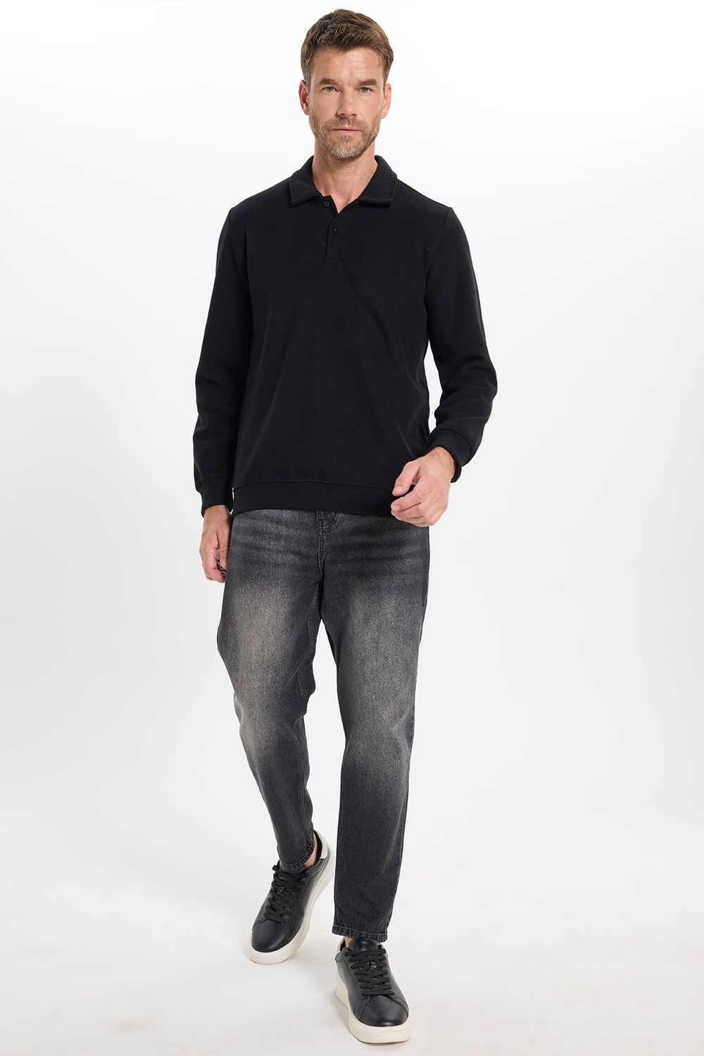 Erkek Regular Fit Klasik Kesim Uzun Kollu Siyah Polo Yaka Sweatshirt