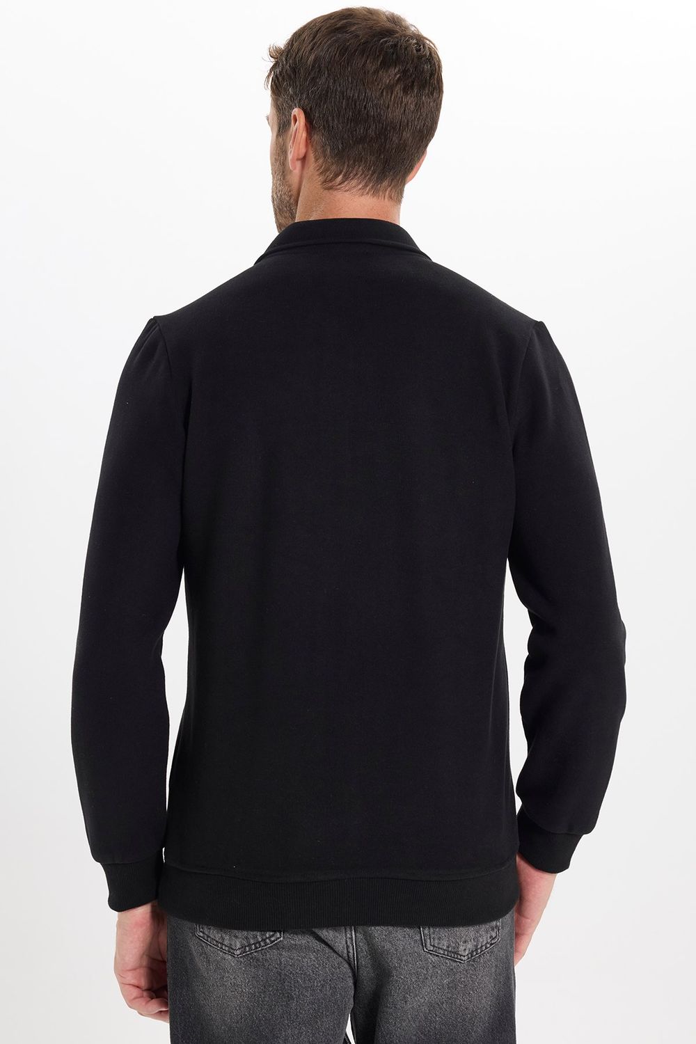 Erkek Regular Fit Klasik Kesim Uzun Kollu Siyah Polo Yaka Sweatshirt