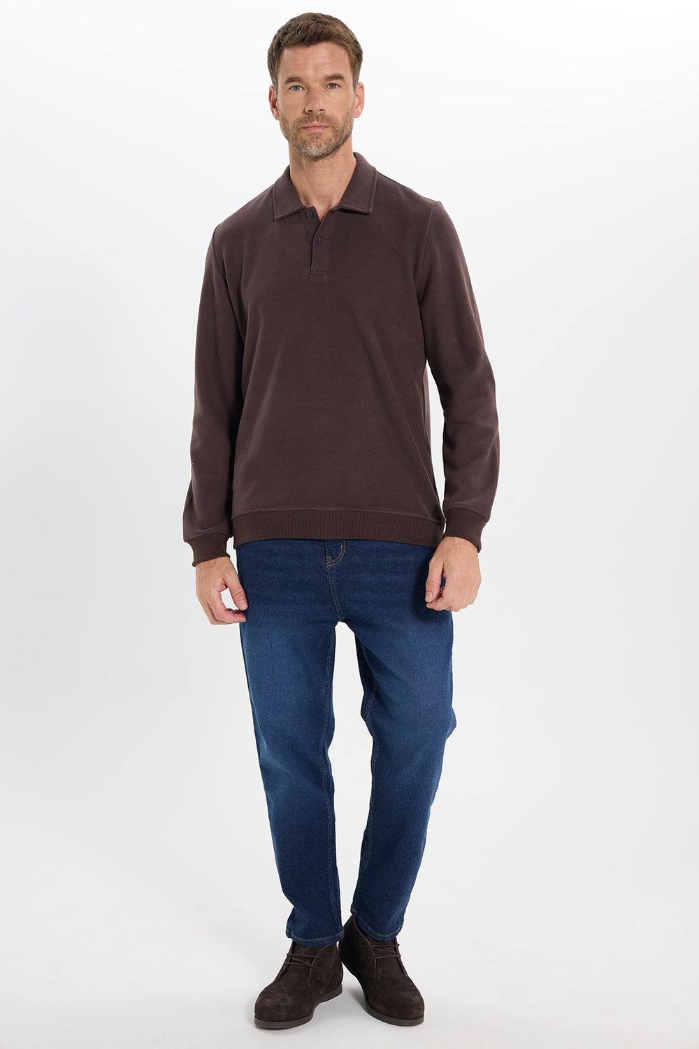 Erkek Regular Fit Klasik Kesim Uzun Kollu Kahverengi Polo Yaka Sweatshirt
