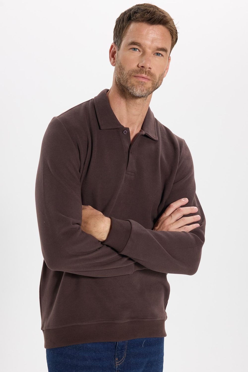 Erkek Regular Fit Klasik Kesim Uzun Kollu Kahverengi Polo Yaka Sweatshirt