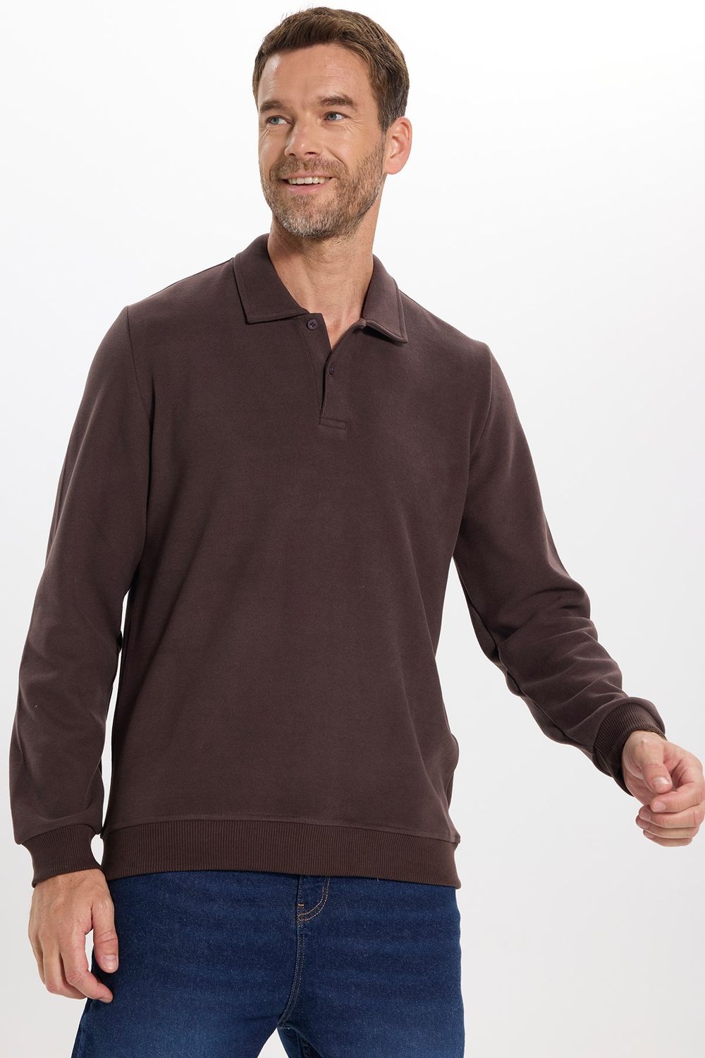 Erkek Regular Fit Klasik Kesim Uzun Kollu Kahverengi Polo Yaka Sweatshirt