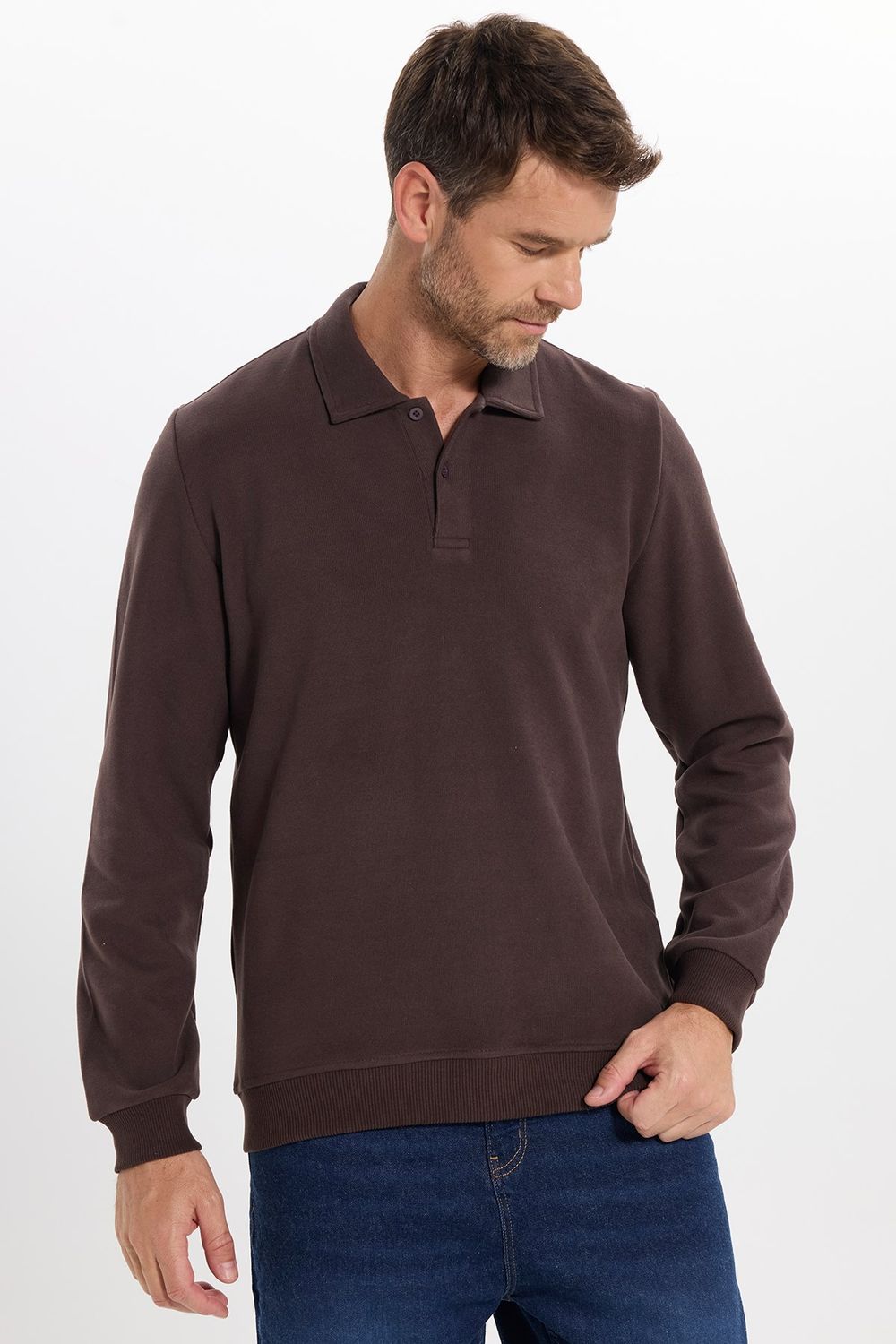 Erkek Regular Fit Klasik Kesim Uzun Kollu Kahverengi Polo Yaka Sweatshirt