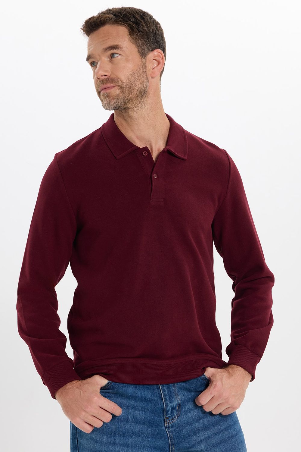 Erkek Regular Fit Klasik Kesim Uzun Kollu Bordo Polo Yaka Sweatshirt