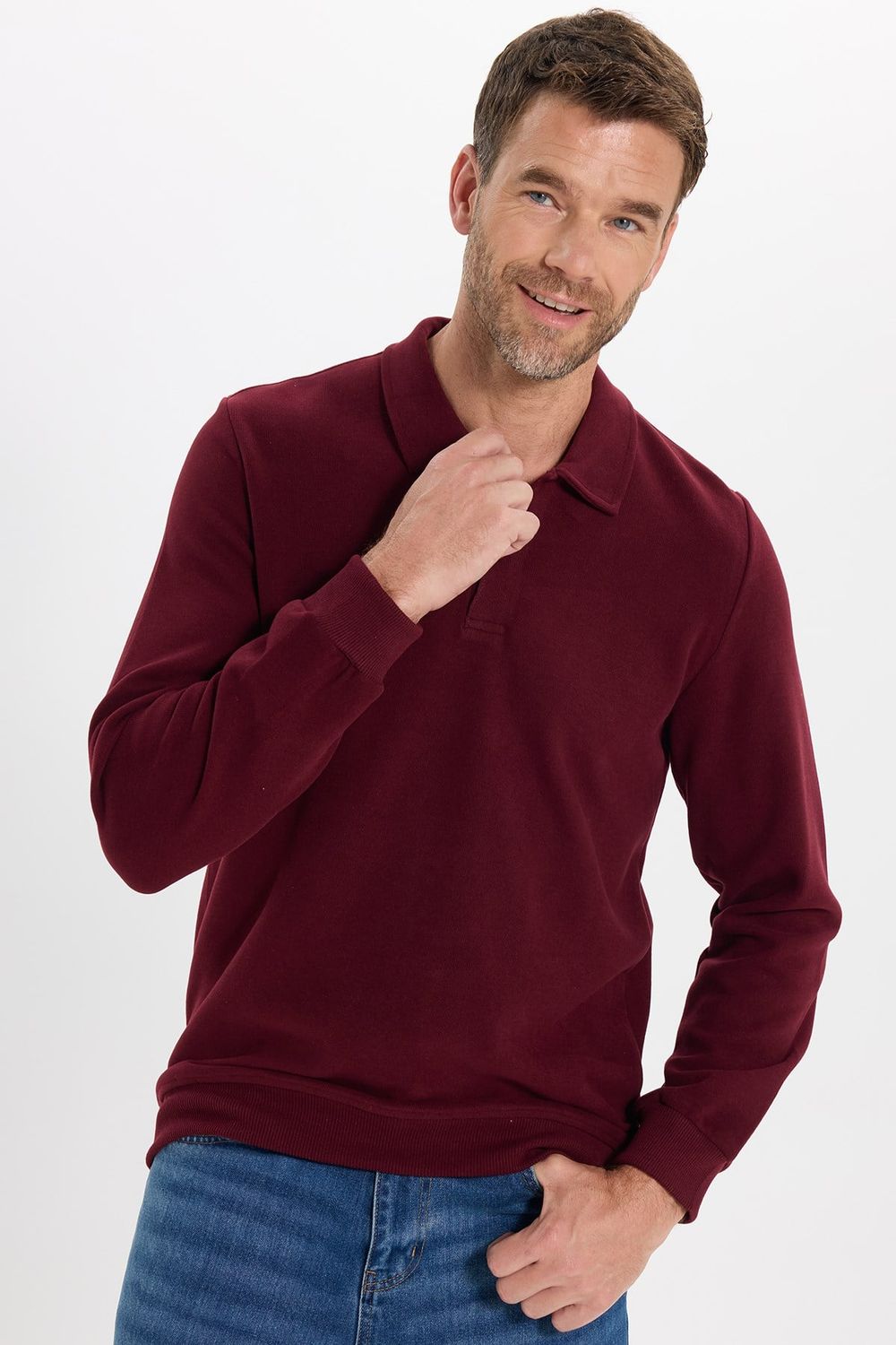 Erkek Regular Fit Klasik Kesim Uzun Kollu Bordo Polo Yaka Sweatshirt
