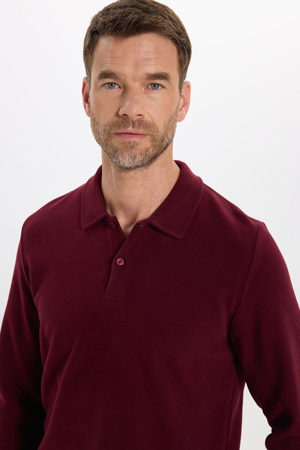 Erkek Regular Fit Klasik Kesim Uzun Kollu Bordo Polo Yaka Sweatshirt