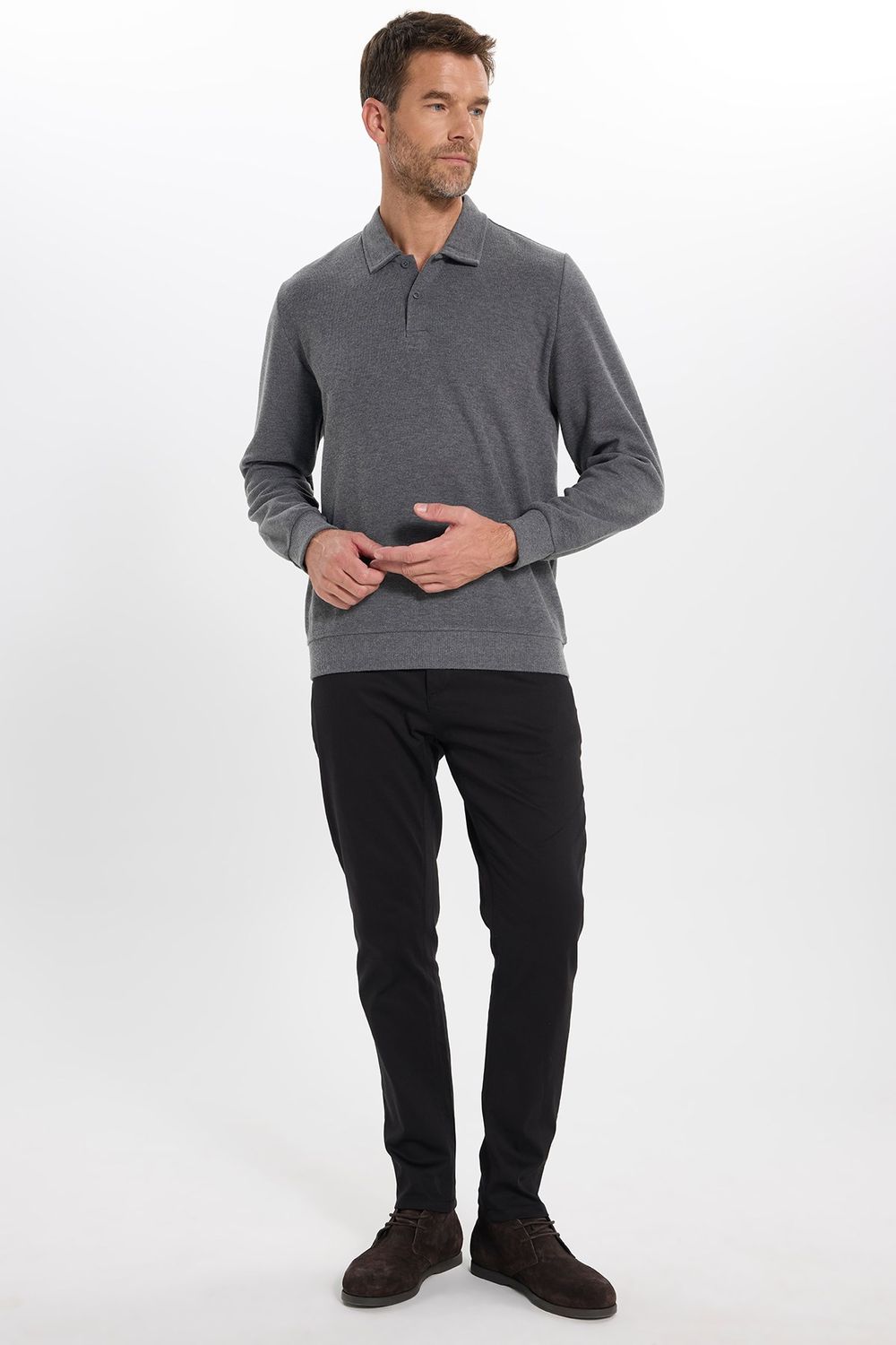 Erkek Regular Fit Klasik Kesim Uzun Kollu Antrasit Polo Yaka Sweatshirt