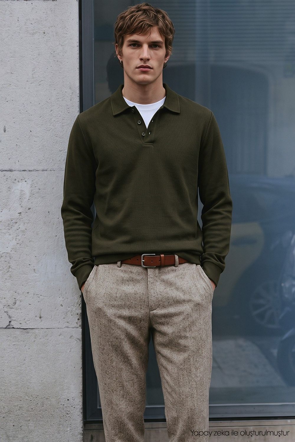 Erkek Regular Fit Klasik Kesim Uzun Kollu İnterlok Kumaş Haki Polo Yaka Sweatshirt