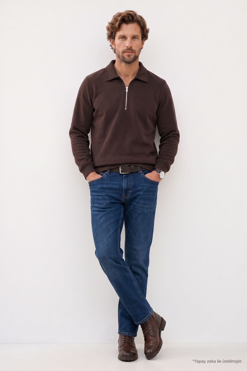 Erkek Regular Fit Klasik Kesim Fermuarlı Selanik Kumaş Kahverengi Polo Yaka Sweatshirt