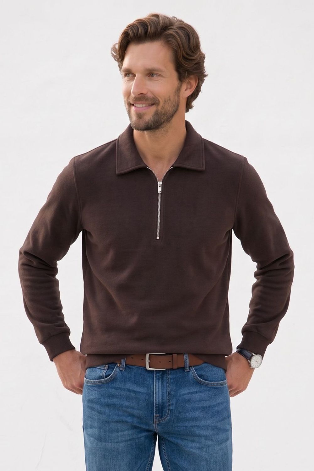 Erkek Regular Fit Klasik Kesim Fermuarlı Selanik Kumaş Kahverengi Polo Yaka Sweatshirt
