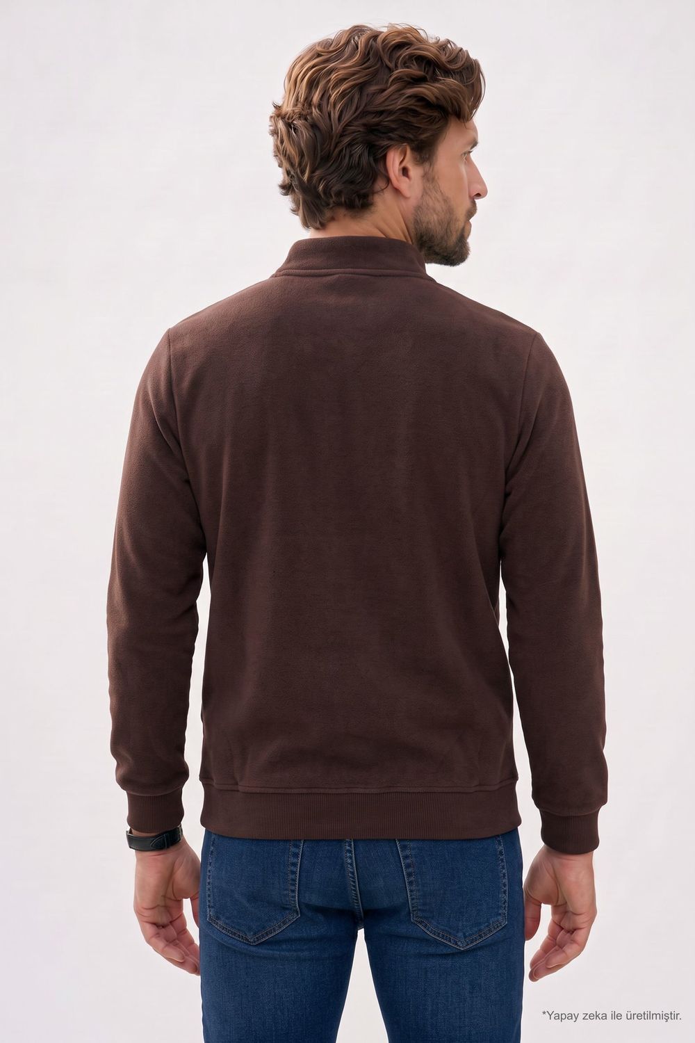 Erkek Regular Fit Klasik Kesim Fermuarlı Selanik Kumaş Kahverengi Polo Yaka Sweatshirt