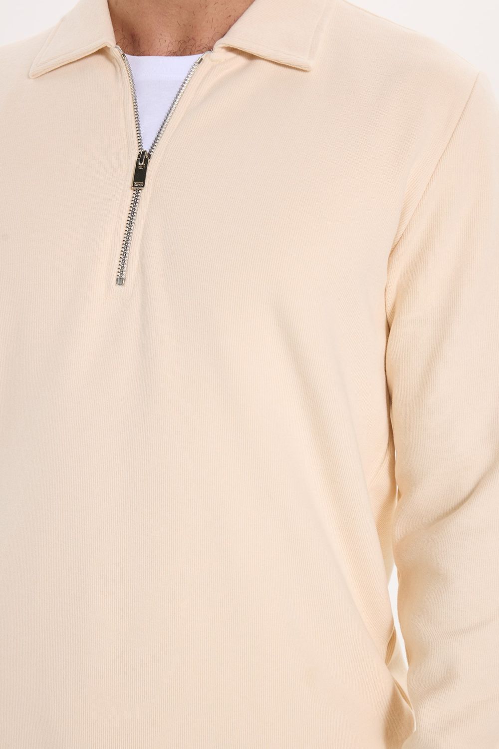 Erkek Regular Fit Klasik Kesim Fermuarlı Selanik Kumaş Sarı Polo Yaka Sweatshirt