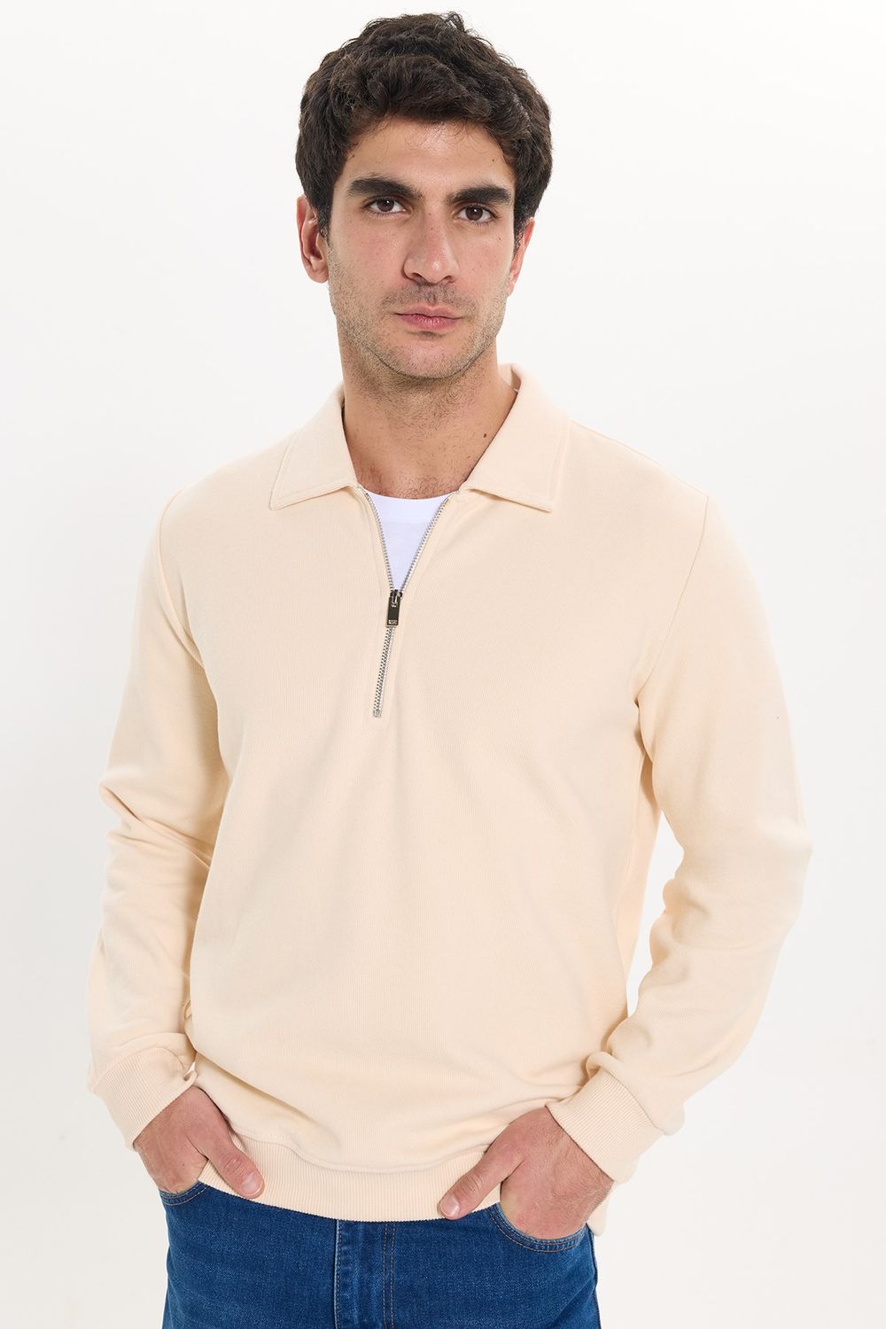 Erkek Regular Fit Klasik Kesim Fermuarlı Selanik Kumaş Sarı Polo Yaka Sweatshirt