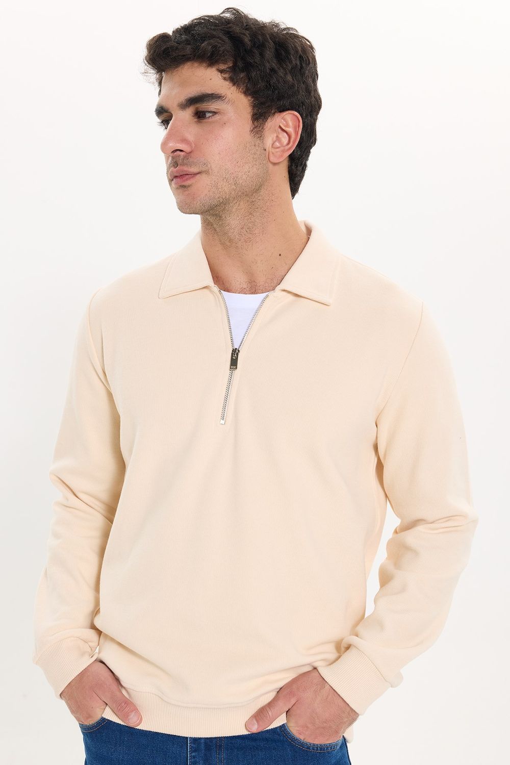 Erkek Regular Fit Klasik Kesim Fermuarlı Selanik Kumaş Sarı Polo Yaka Sweatshirt