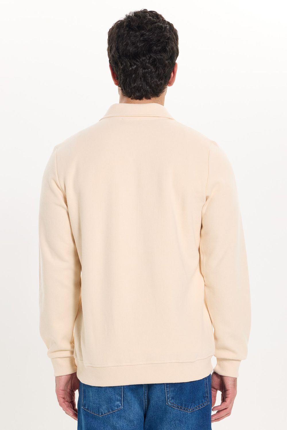 Erkek Regular Fit Klasik Kesim Fermuarlı Selanik Kumaş Sarı Polo Yaka Sweatshirt