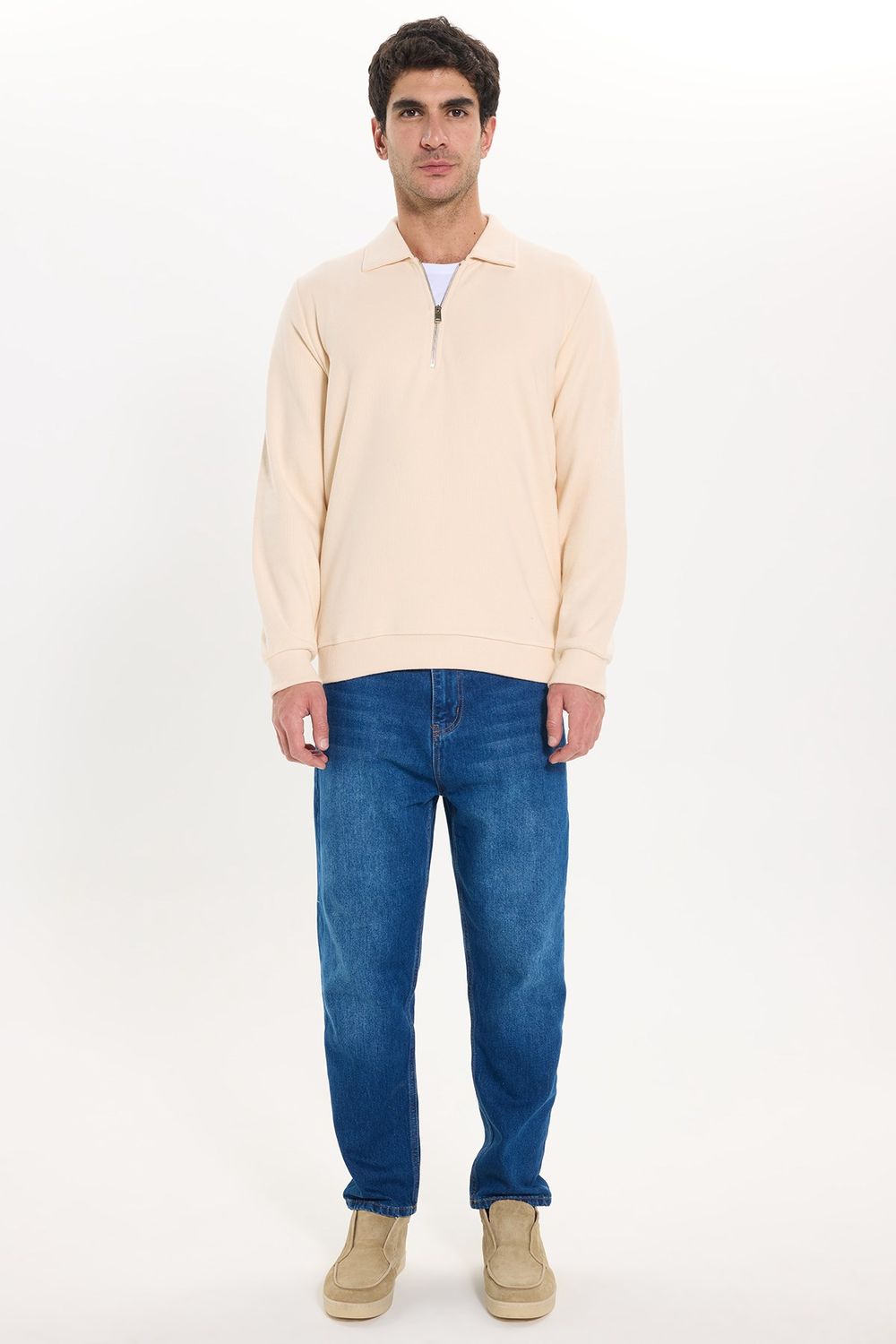 Erkek Regular Fit Klasik Kesim Fermuarlı Selanik Kumaş Sarı Polo Yaka Sweatshirt