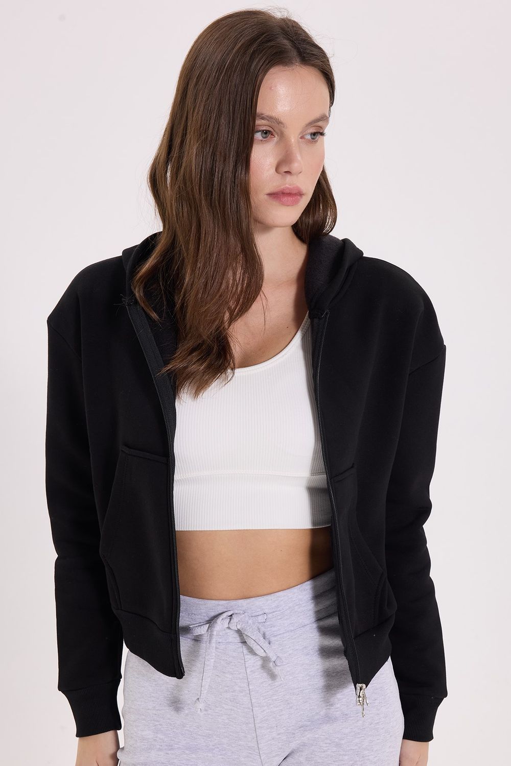 KADIN DÜZ KAPÜŞONLU FERMUARLI RDN-2395 SWEATSHIRT