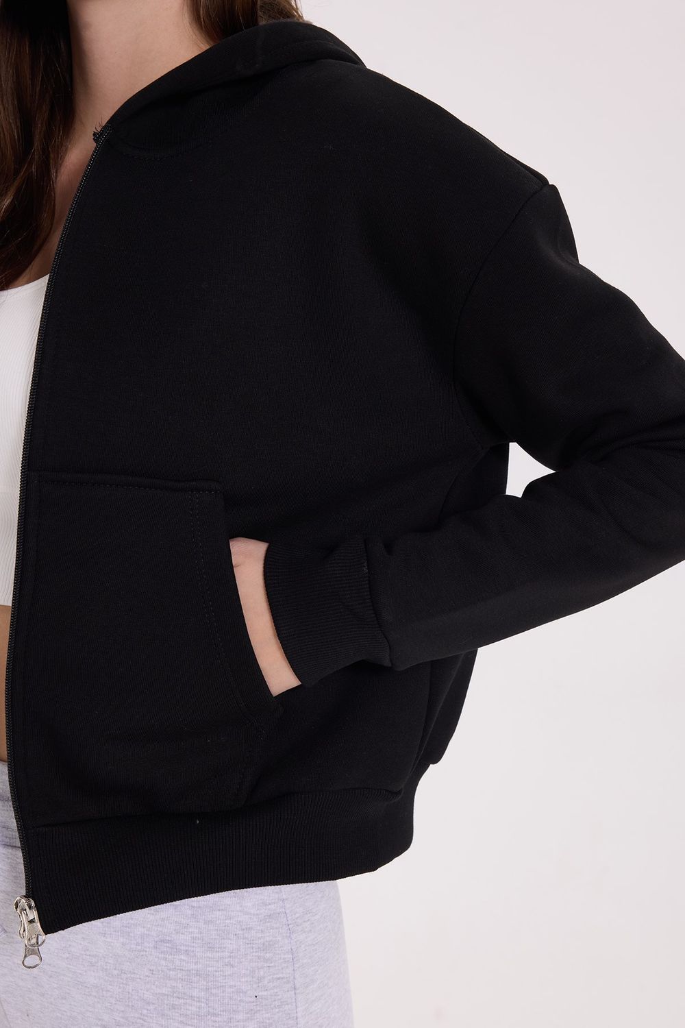 KADIN DÜZ KAPÜŞONLU FERMUARLI RDN-2395 SWEATSHIRT