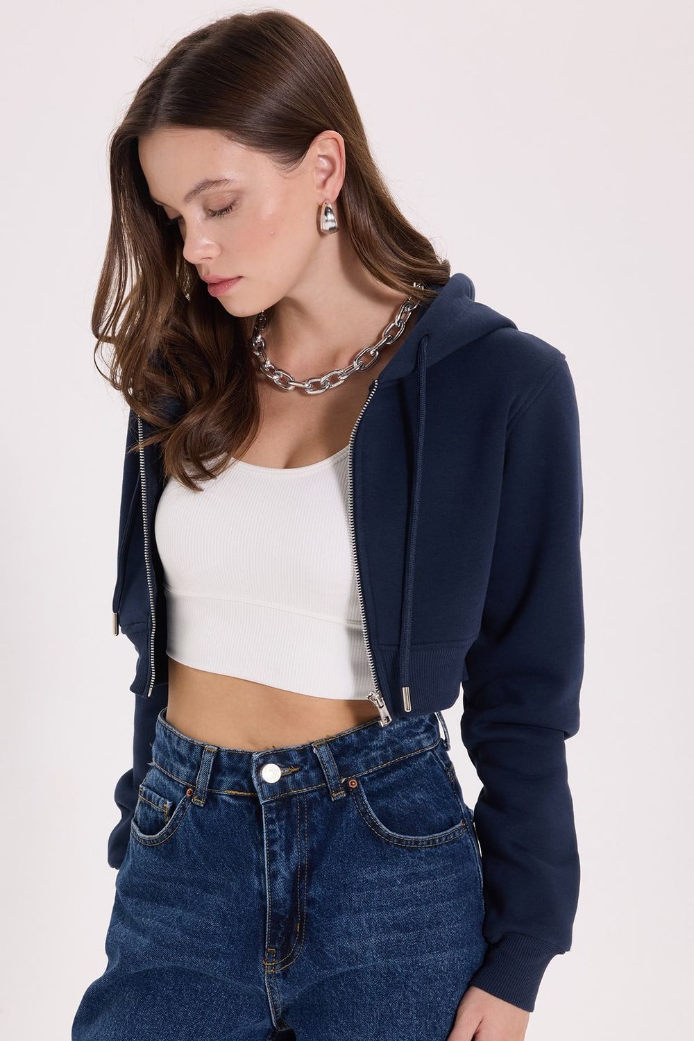KADIN DÜZ KAPÜŞONLU FERMUARLI RDN-2395 SWEATSHIRT