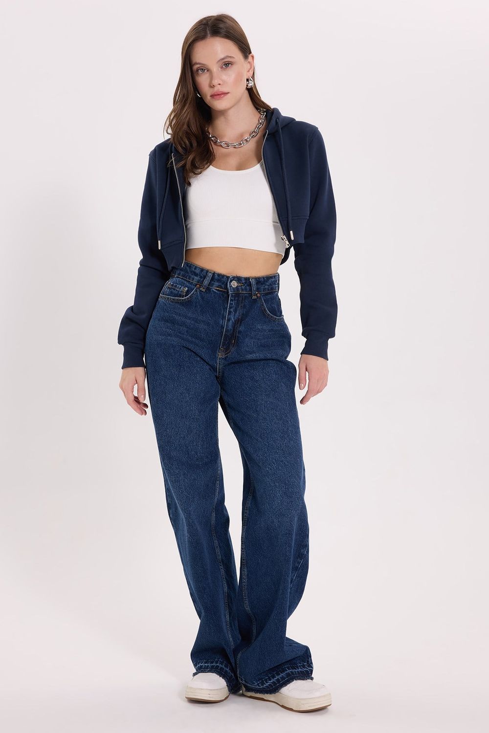 KADIN DÜZ KAPÜŞONLU FERMUARLI RDN-2395 SWEATSHIRT